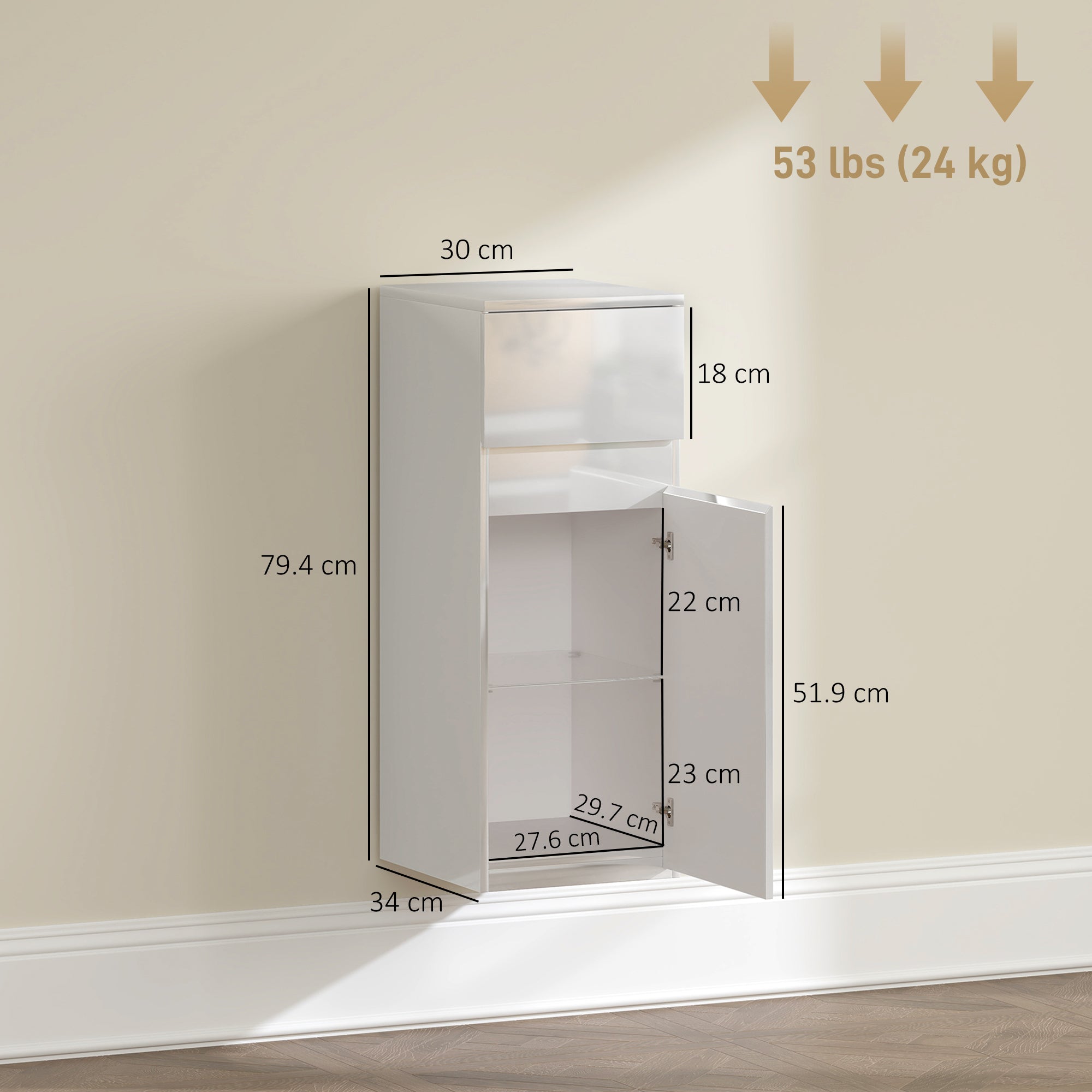 Wall-Mounted Bathroom Cabinet with Drawer, Glossy Door and Adjustable Glass Shelf, White