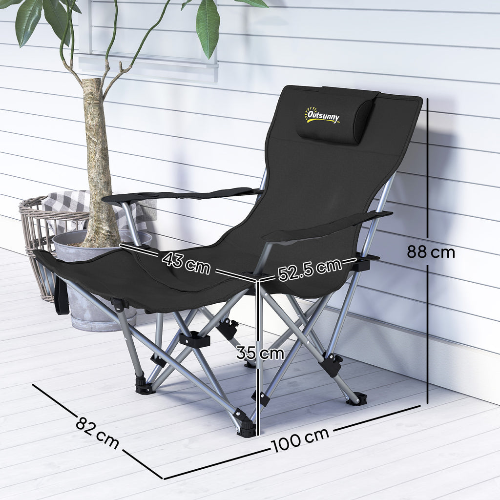 Folding and Reclining Camping Chair with Removable Footrest, Headrest and Cup Holder, Black