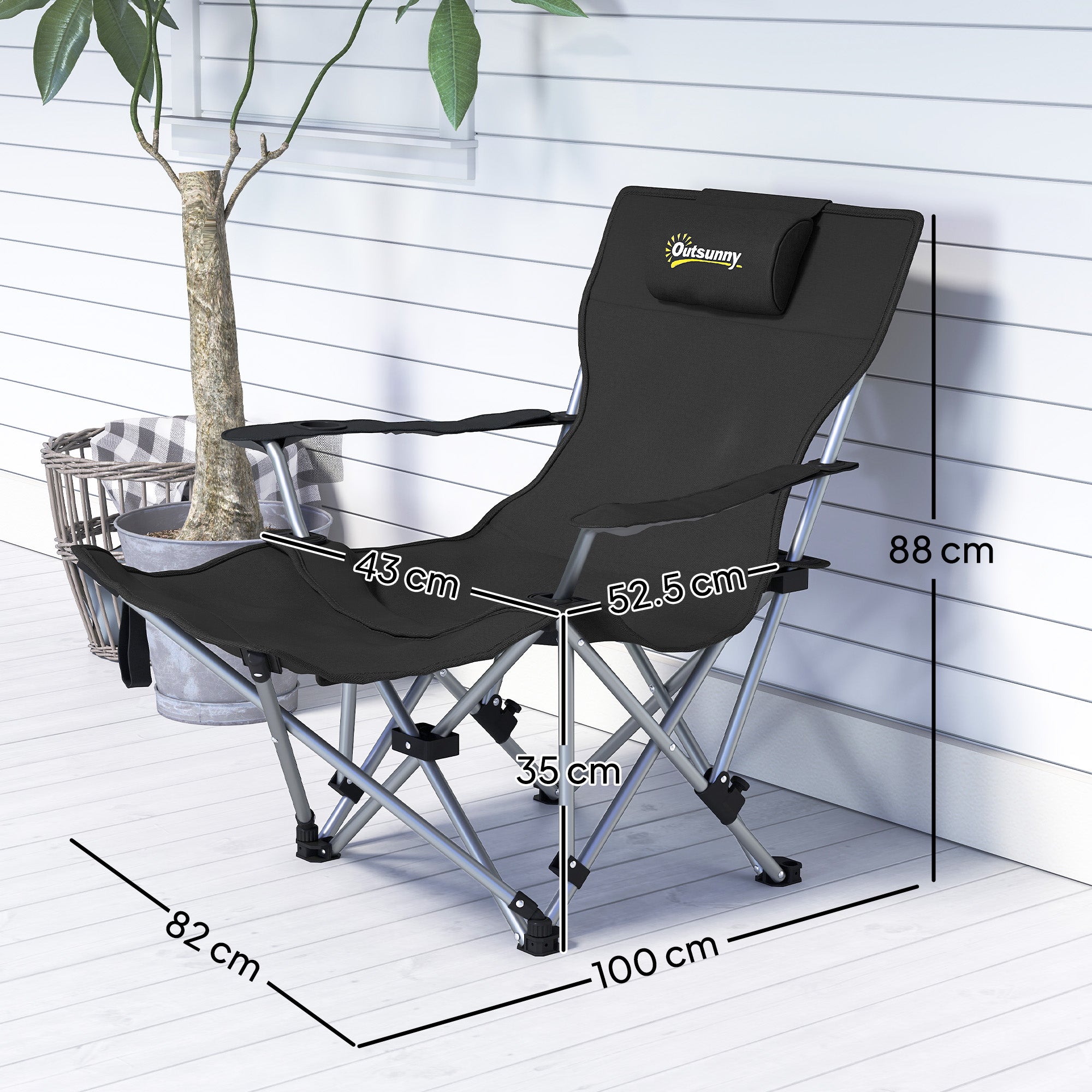 Folding and Reclining Camping Chair with Removable Footrest, Headrest and Cup Holder, Black