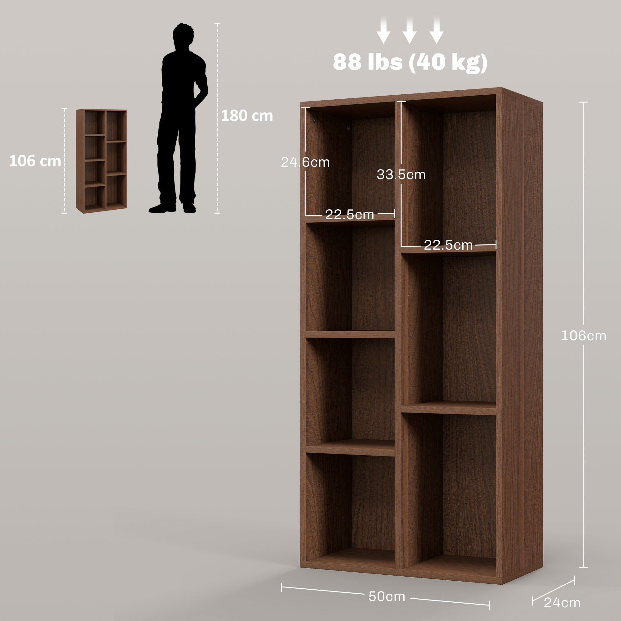 Wooden Cube Bookcase with 7 Shelves of Different Sizes, 50x24x106 cm, Walnut Color