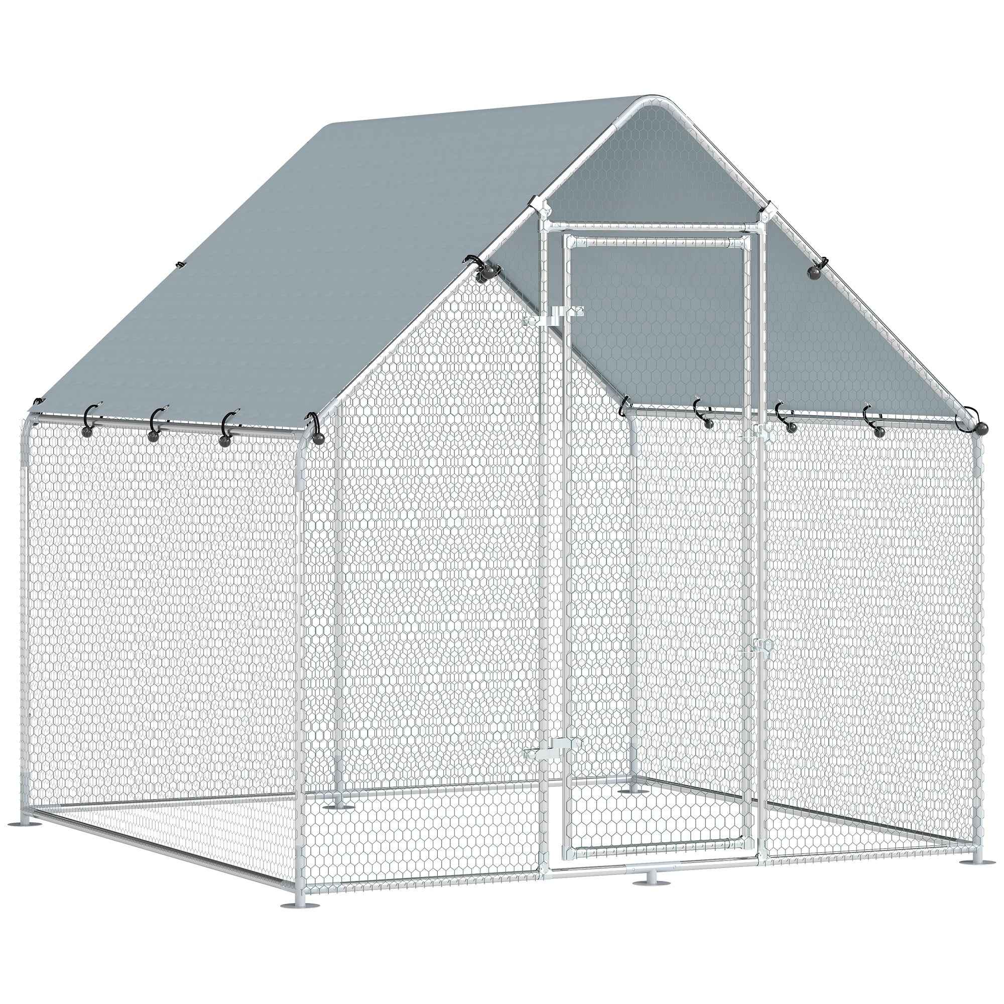 PawHut Outdoor Chicken Coop with Roof and Locks, Galvanized Steel, 2x2x2 m, Silver