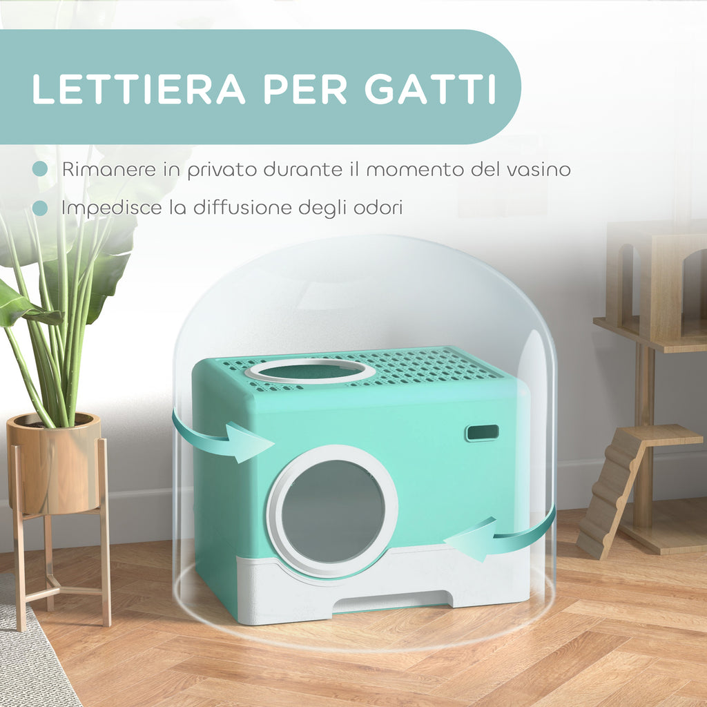 Cat Litter Box with Lid and Scoop, Double Entrance and Removable Tray, 52x41x38.5 cm, Green