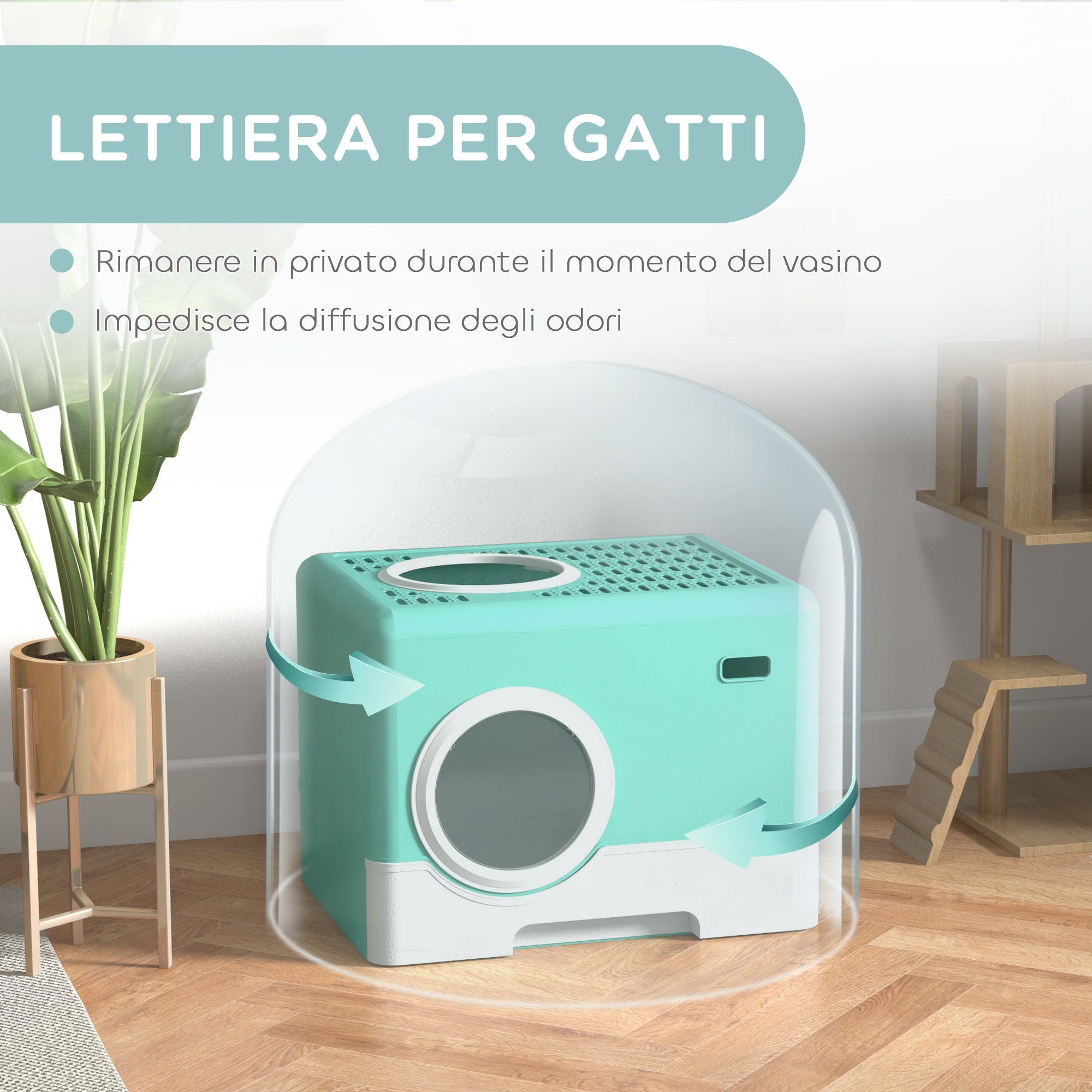 Cat Litter Box with Lid and Scoop, Double Entrance and Removable Tray, 52x41x38.5 cm, Green