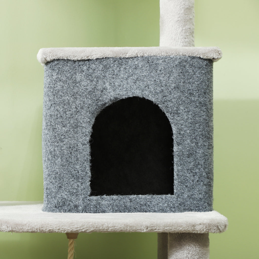 132cm High Multi-Level Cat Tree with House, Bed, Scratching Posts, Brush and Ball, Grey