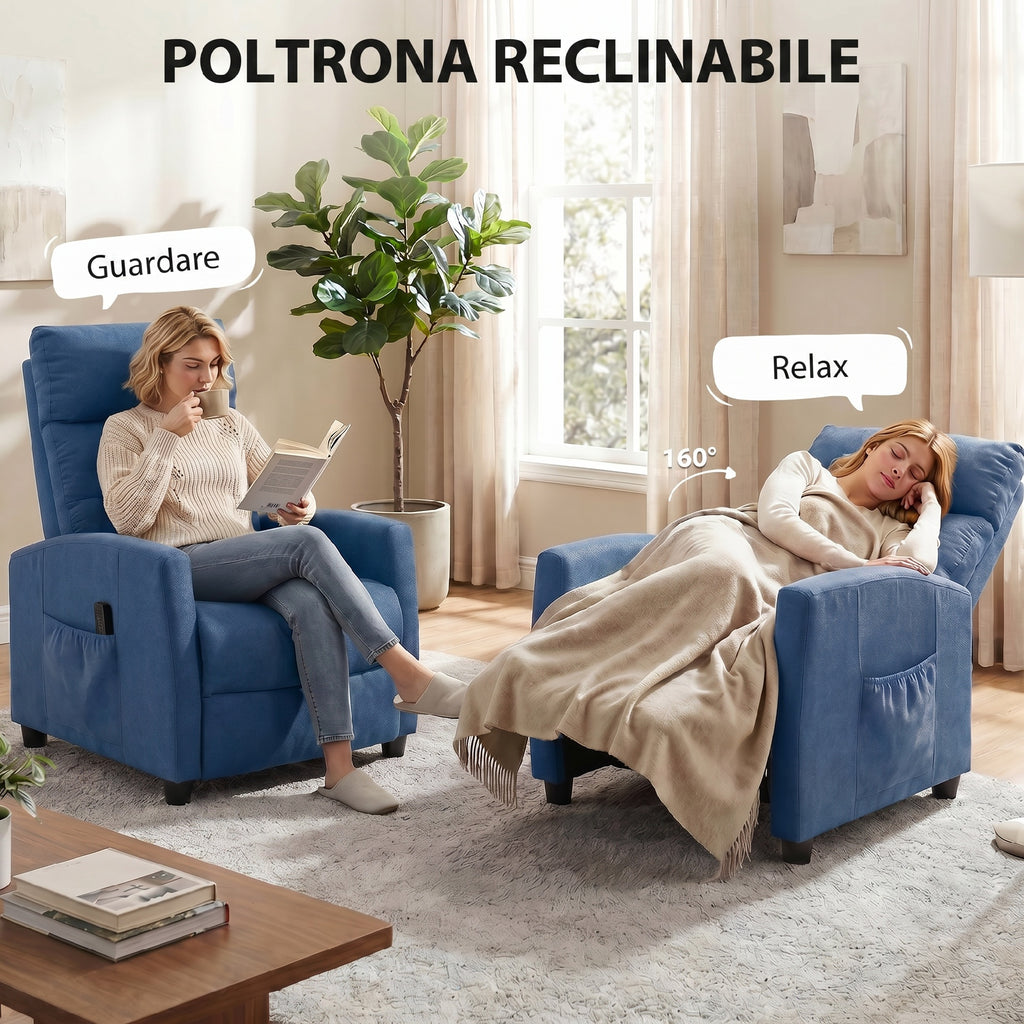 HOMCOM 160° Reclining Massage Chair with Footrest and Remote Control, 66x91x108 cm, Dark Blue Chenille