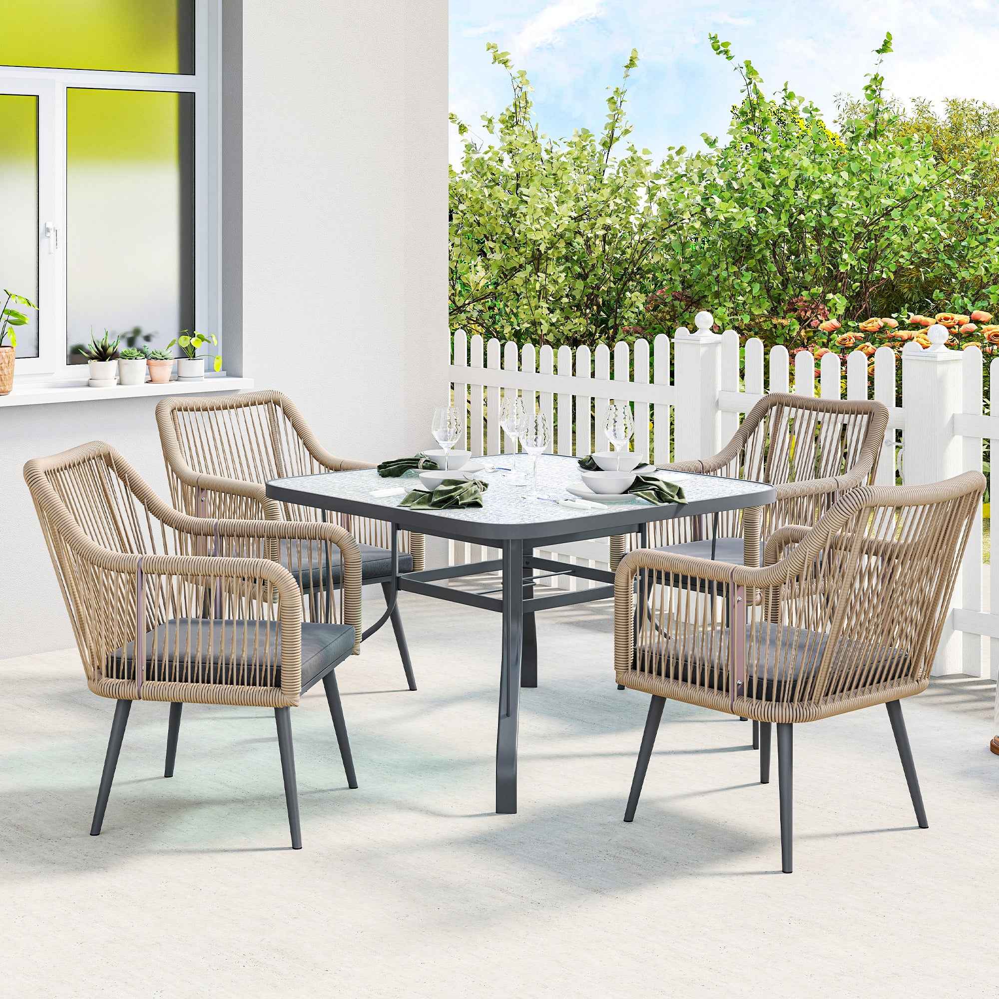 Outsunny Set of 2 Garden Chairs with Cushions and Armrests, in Steel and PE Rattan, 54x65x80 cm, Dark Grey