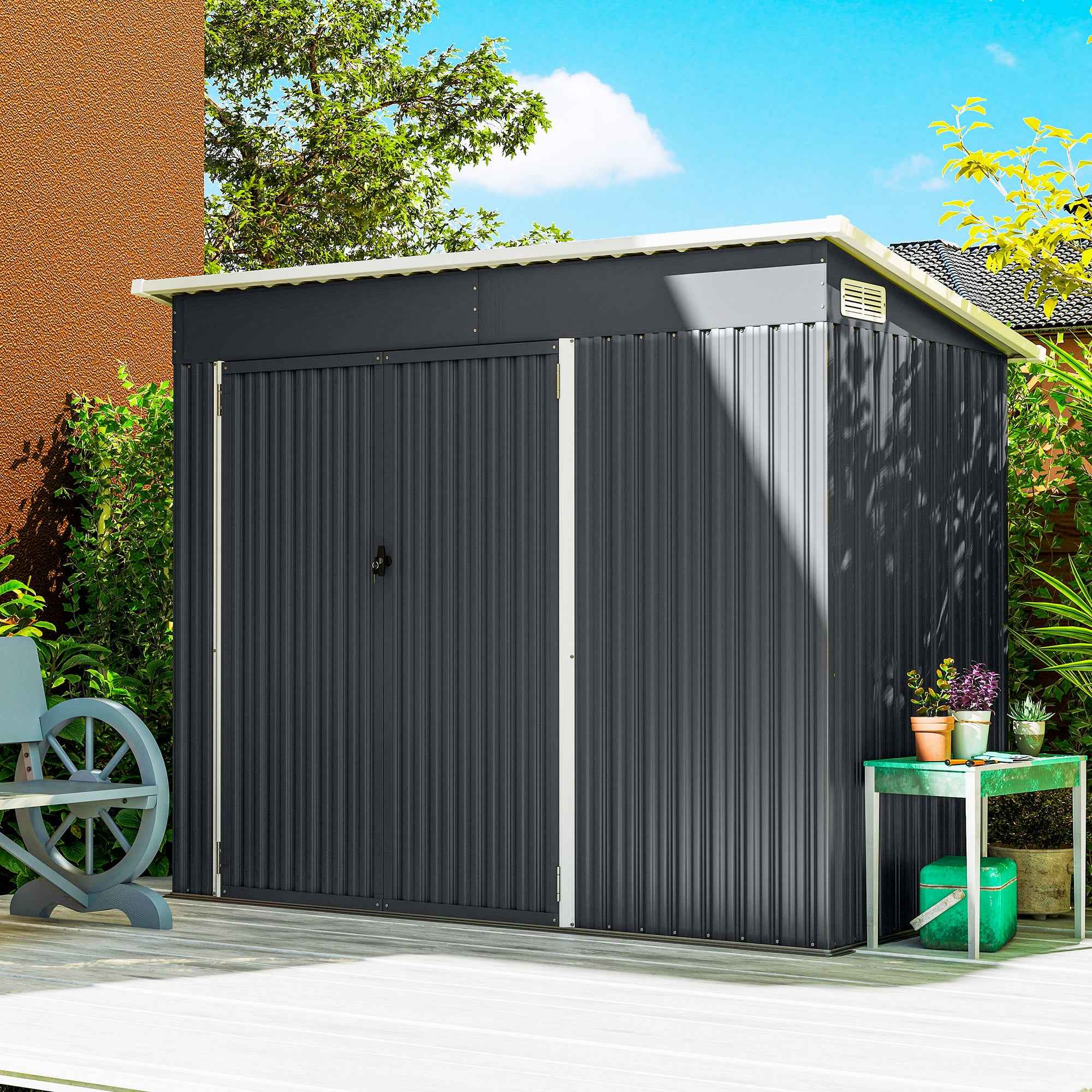 Outsunny Steel Garden Shed with 3 Lockable Doors, 234x132x185 cm, Dark Grey