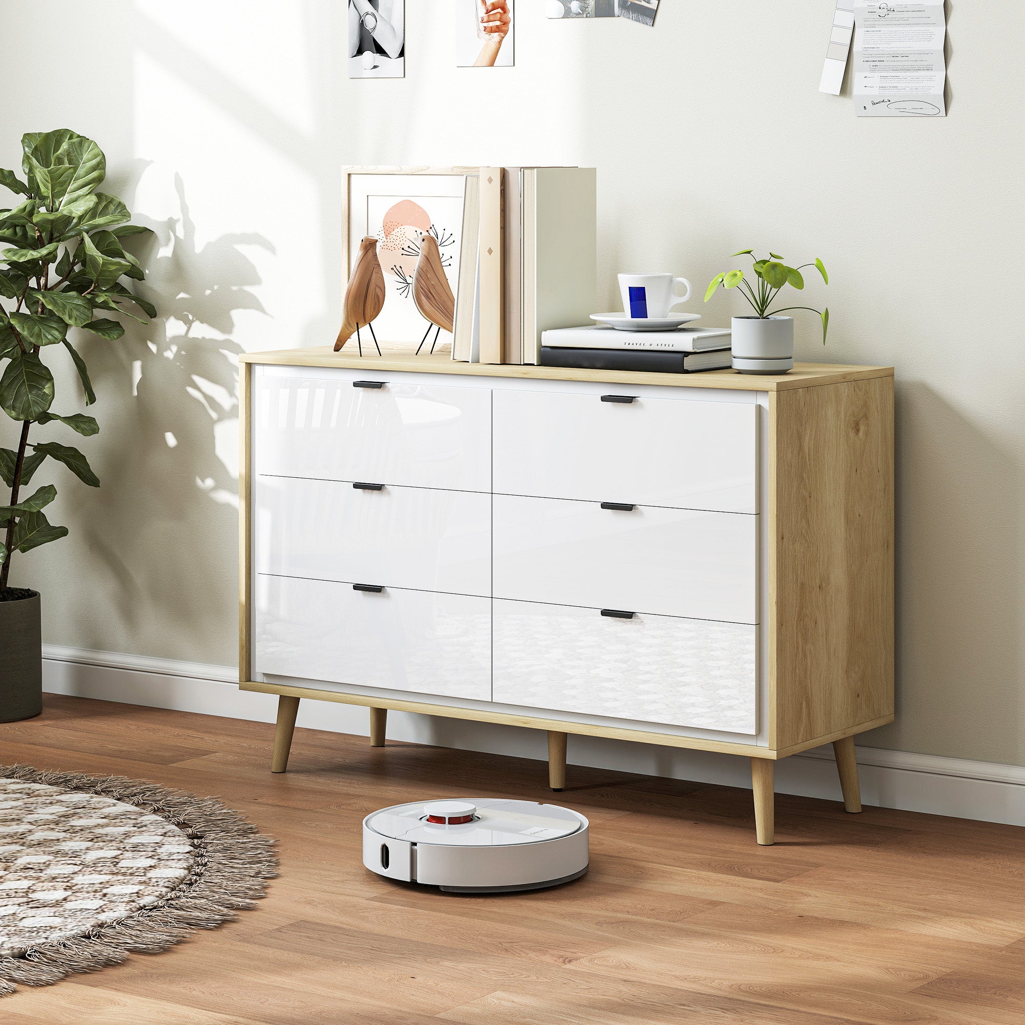 6-Drawer Wooden Chest of Drawers for Bedroom, 110x40x75 cm, Gloss White and Oak