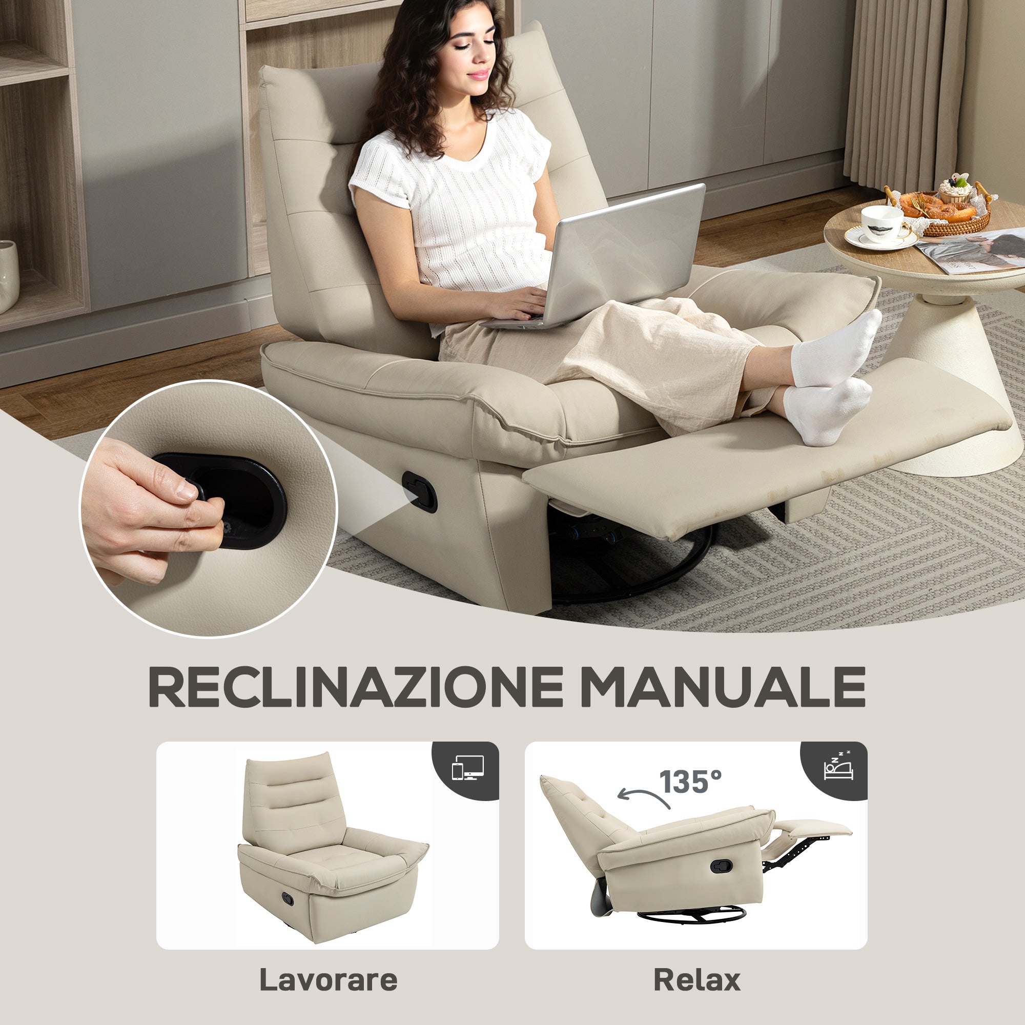Manually Reclining Relaxing Chair with Footrest and Swivel Base without Armrests, Cream