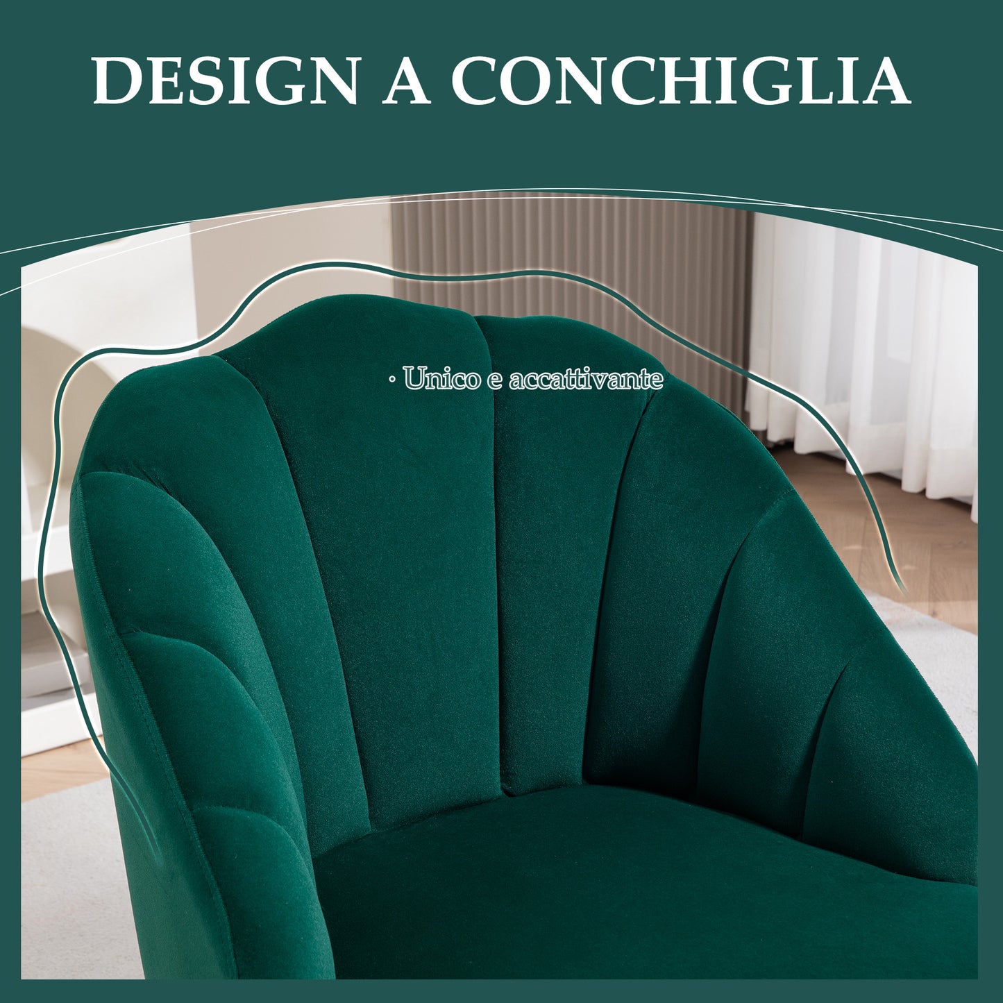 Art Deco Style Shell Armchair for Living Room and Bedroom, in Velvet Fabric and Steel, 63x65x84 cm, Green