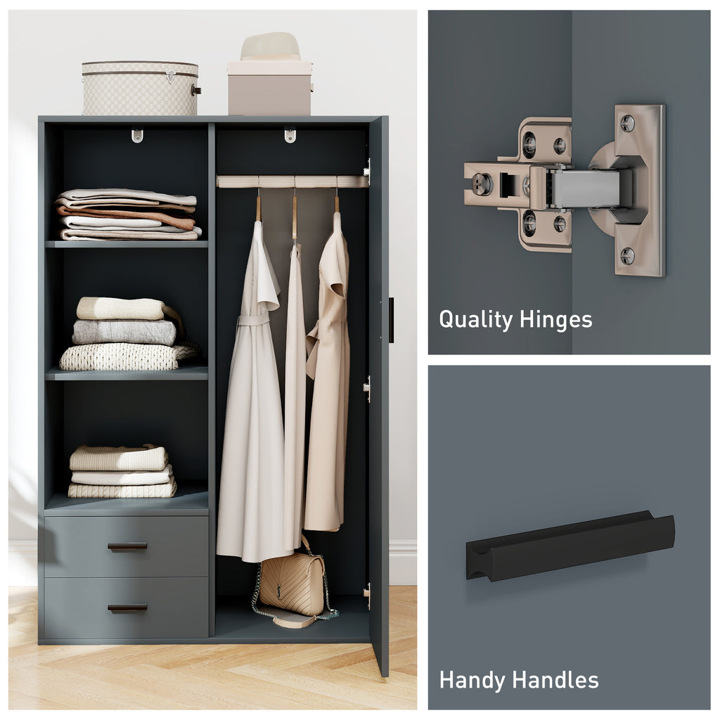 Modern Wardrobe with 2 Drawers, Open Shelves and Hanging Space, 80x50x124 cm, Dark Grey