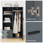 Modern Wardrobe with 2 Drawers, Open Shelves and Hanging Space, 80x50x124 cm, Dark Grey