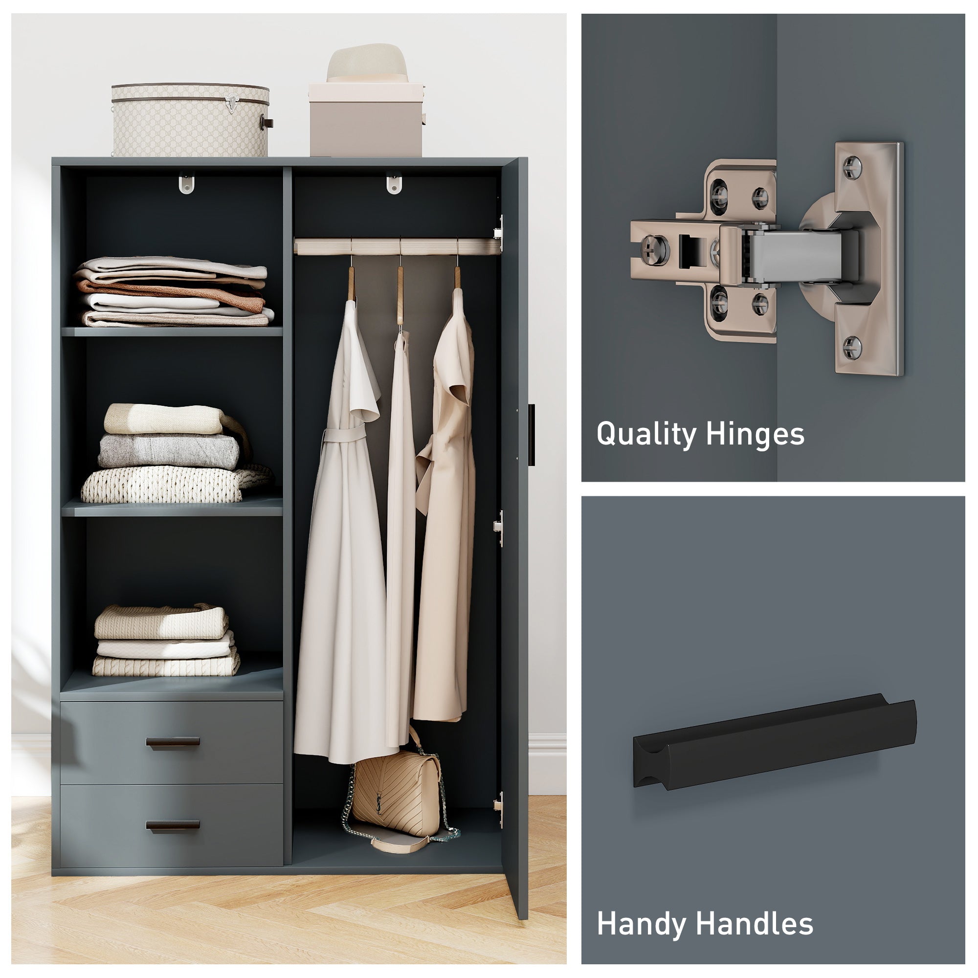 Modern Wardrobe with 2 Drawers, Open Shelves and Hanging Space, 80x50x124 cm, Dark Grey