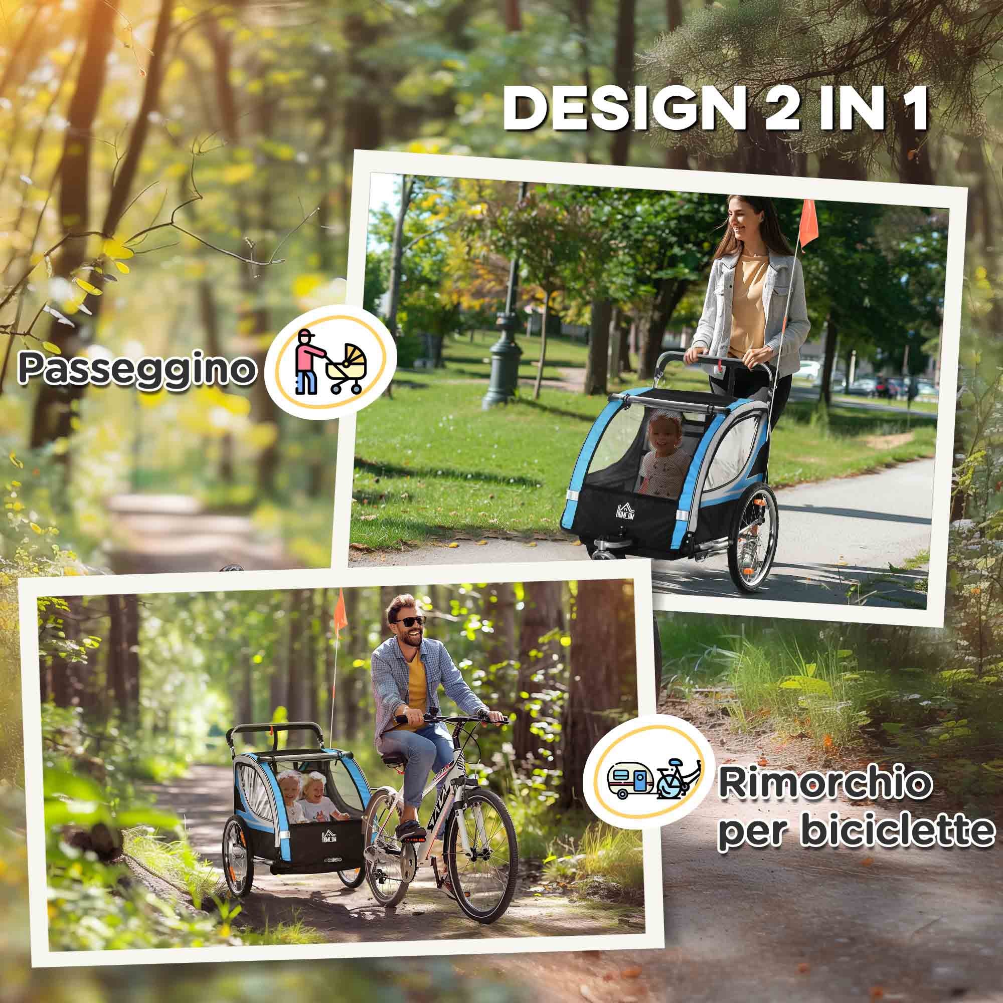 2-in-1 Kids Bike Trailer and Stroller with Belt, Pockets and Flag, Blue