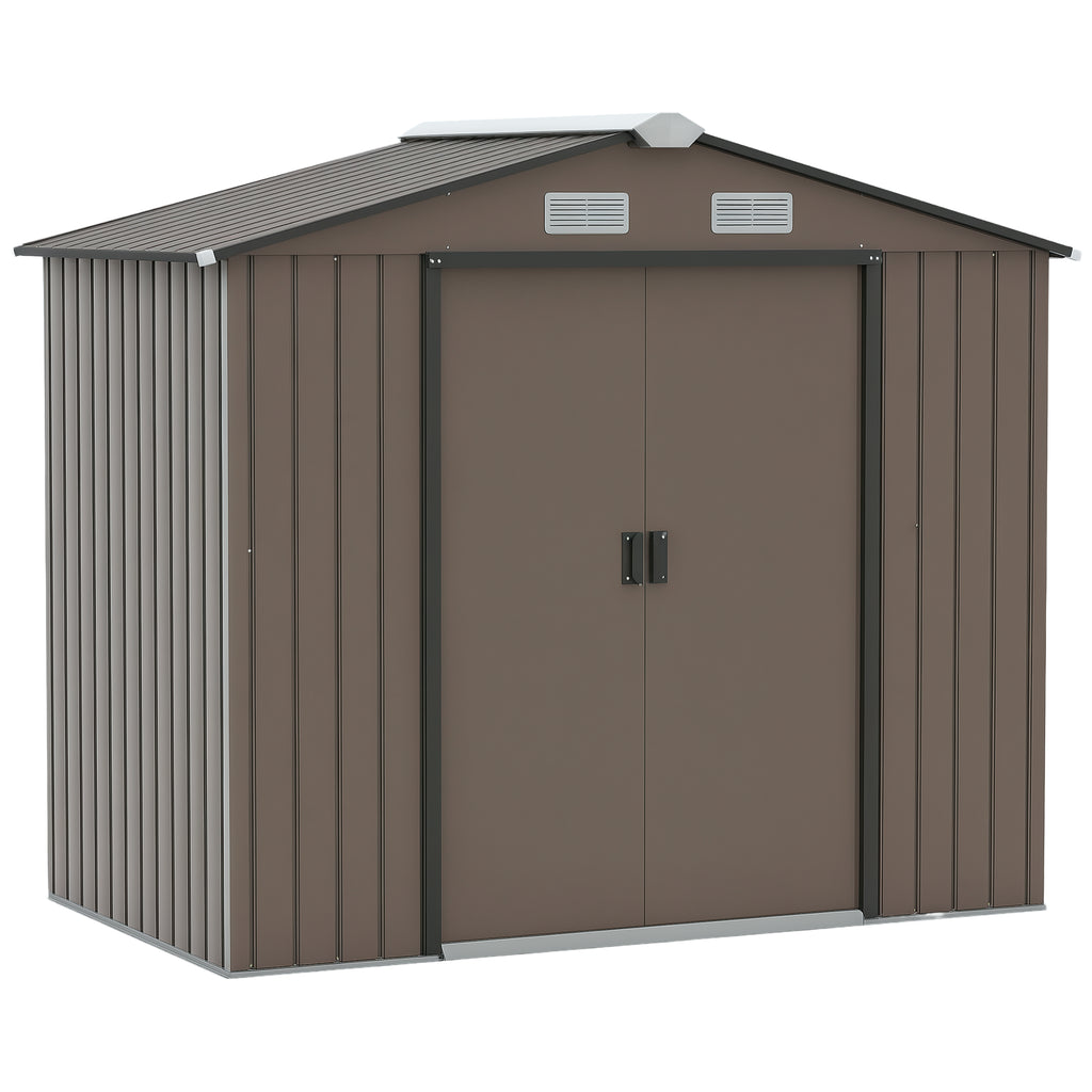 Metal Garden Shed with Vents and Double Sliding Door, 2.1x1.3m, Brown
