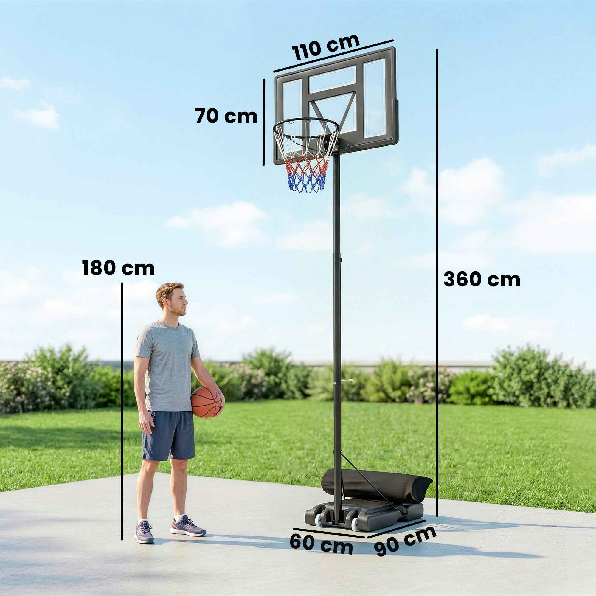 SPORTNOW Basketball Hoop with Adjustable Height 1.3-3m, Fillable Base and Wheels, Black