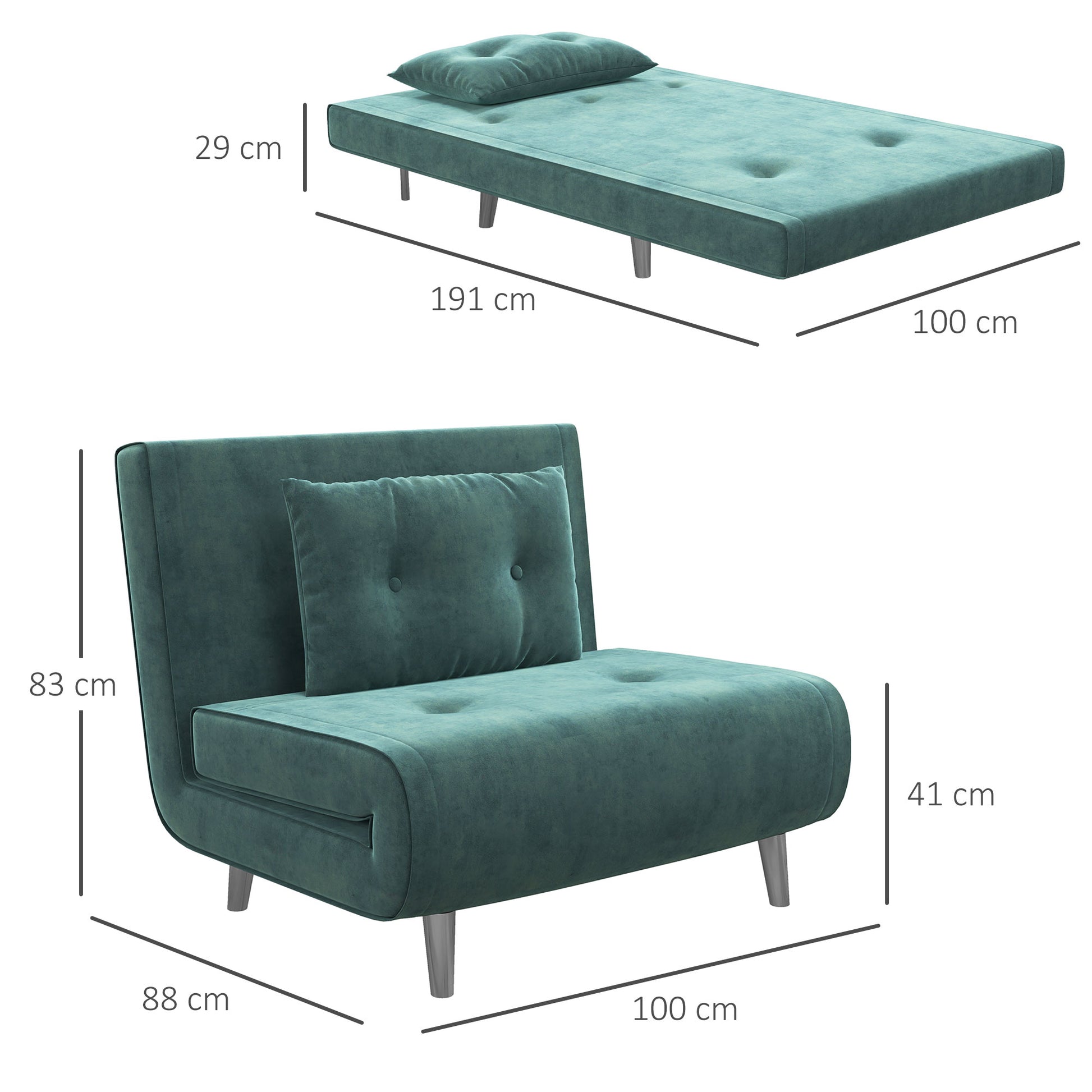 Homcom Single Bed Armchair With Velvet Reclinable Back, 100x88x83cm, Dark Green - Borgè