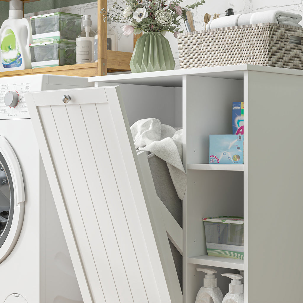 Bathroom Laundry Cabinet with Removable Basket and Adjustable Shelves, 60x38x86 cm, White