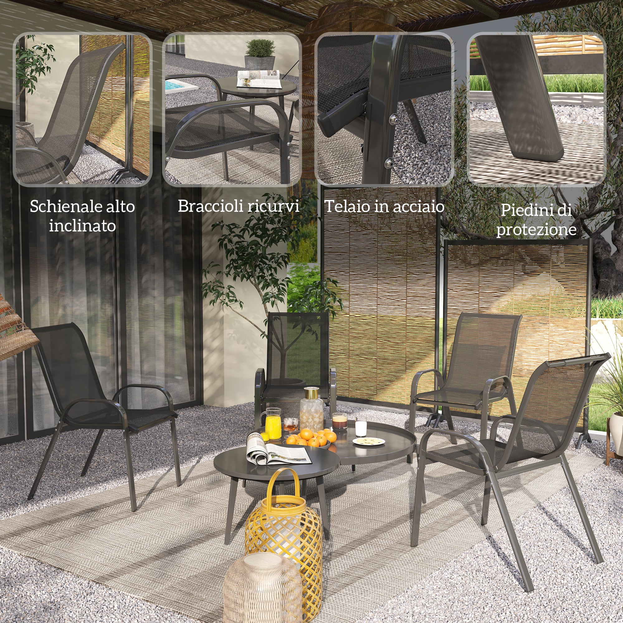Set of 4 Stackable Garden Chairs in Steel and Breathable Mesh Fabric, 54x71x93 cm, Black