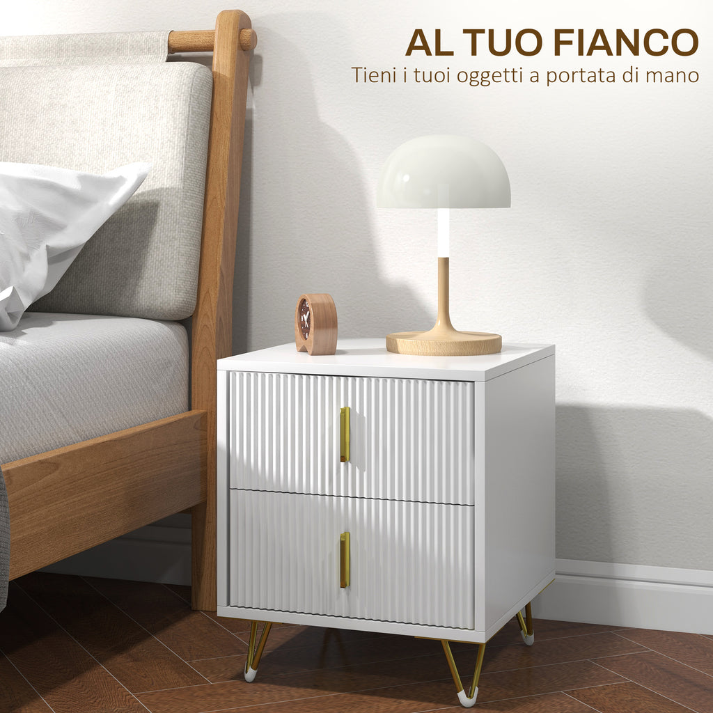 2-Drawer Wooden Nightstand with Metal Handles and Legs, 40x40x47 cm, White and Gold