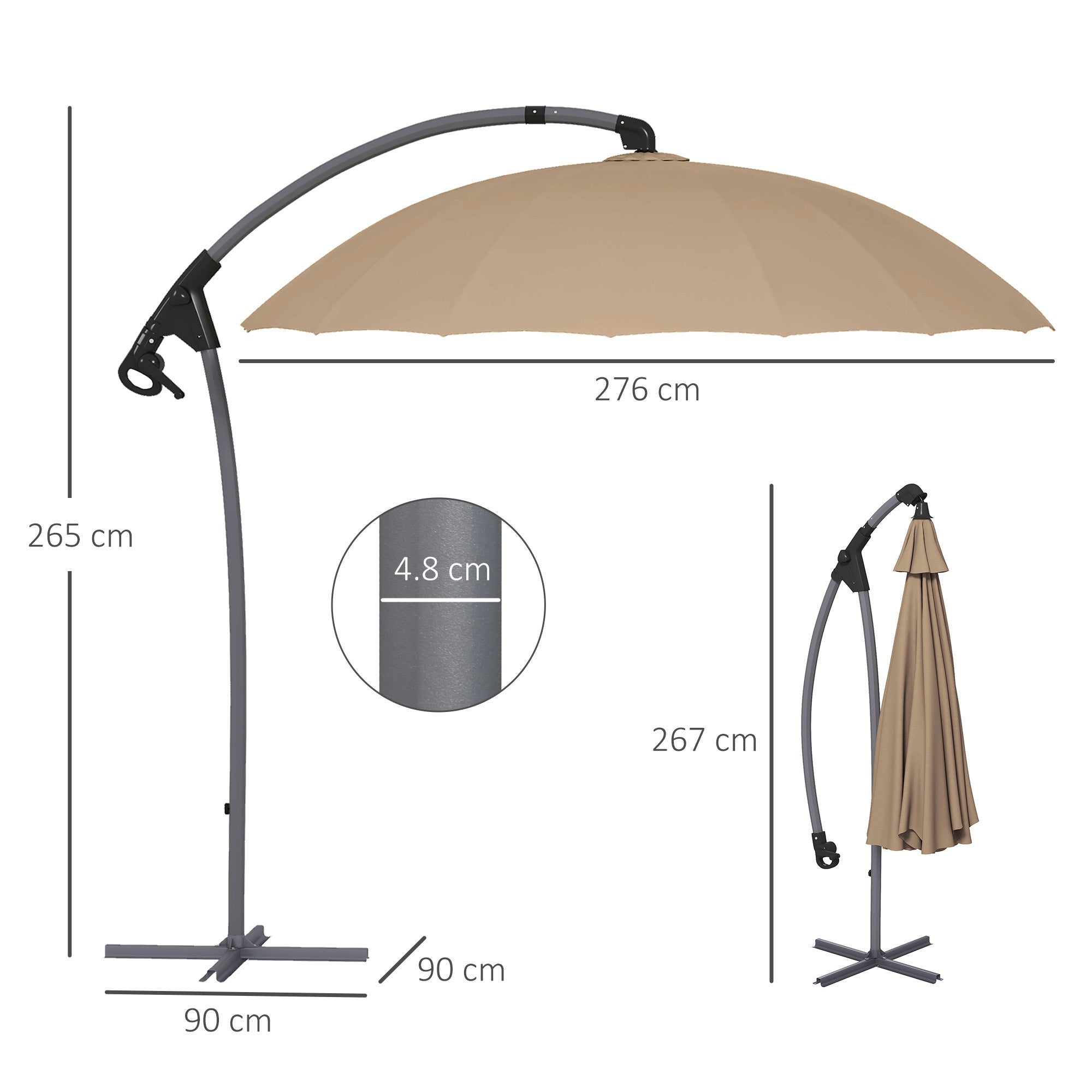 Decentralized Garden Umbrella 2.7m with Crank Opening and 16 Fiberglass Ribs, Khaki - Borgè