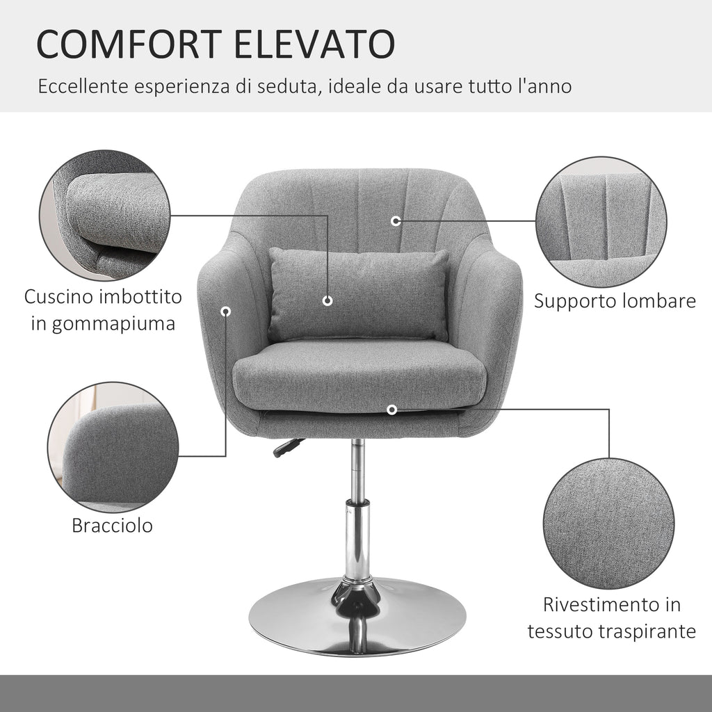 Swivel Chair with Adjustable Height, with Cushion, Lumbar Support and Armrest, 60x60x79-91 cm, Grey