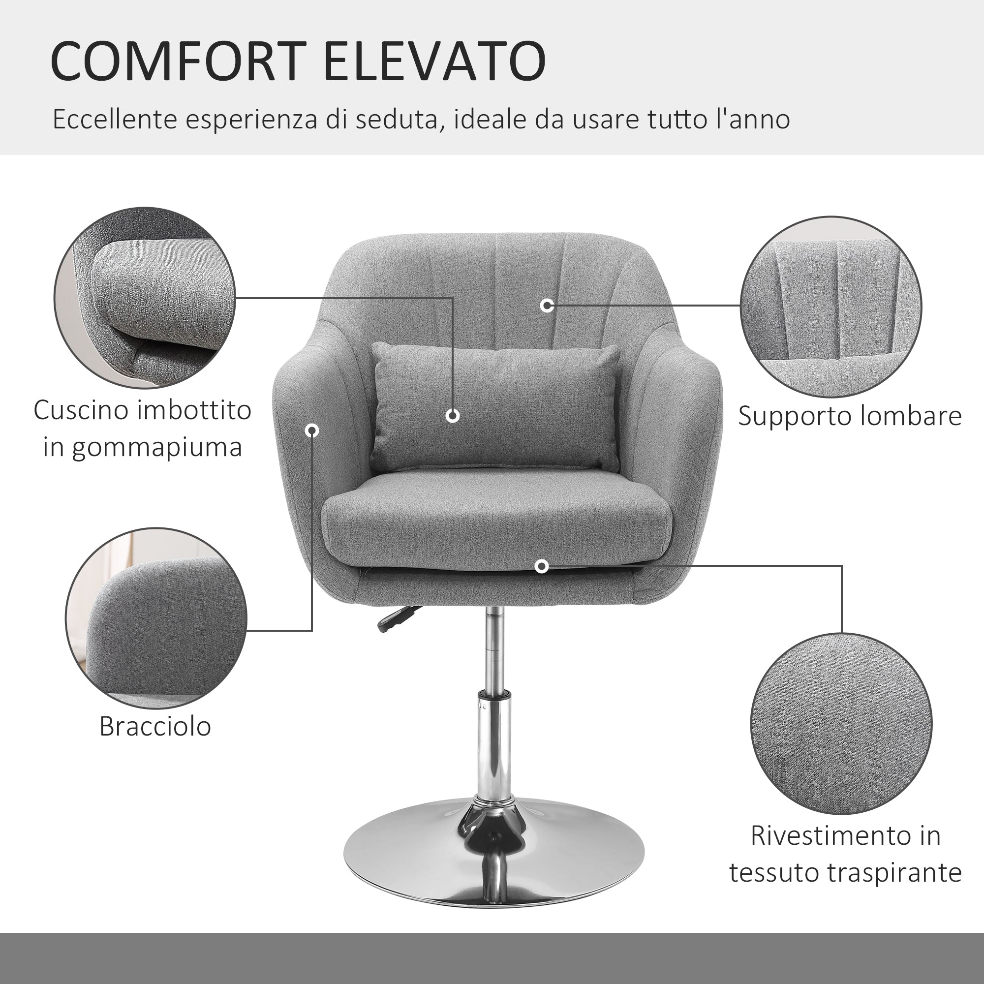 Swivel Chair with Adjustable Height, with Cushion, Lumbar Support and Armrest, 60x60x79-91 cm, Grey