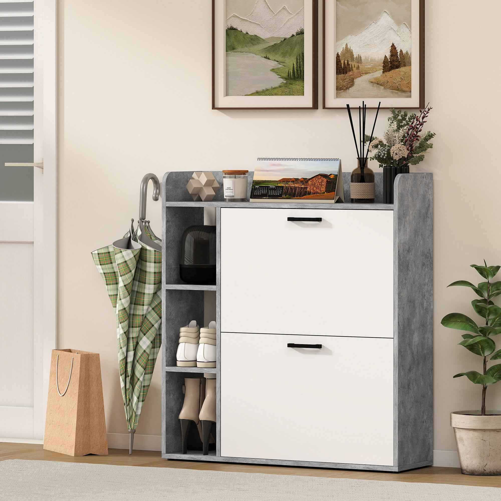 HOMCOM Slim Shoe Rack with 2 Tilting Drawers and 3 Open Compartments, Capacity 15 Shoes, 83x24x90.5 cm, Grey