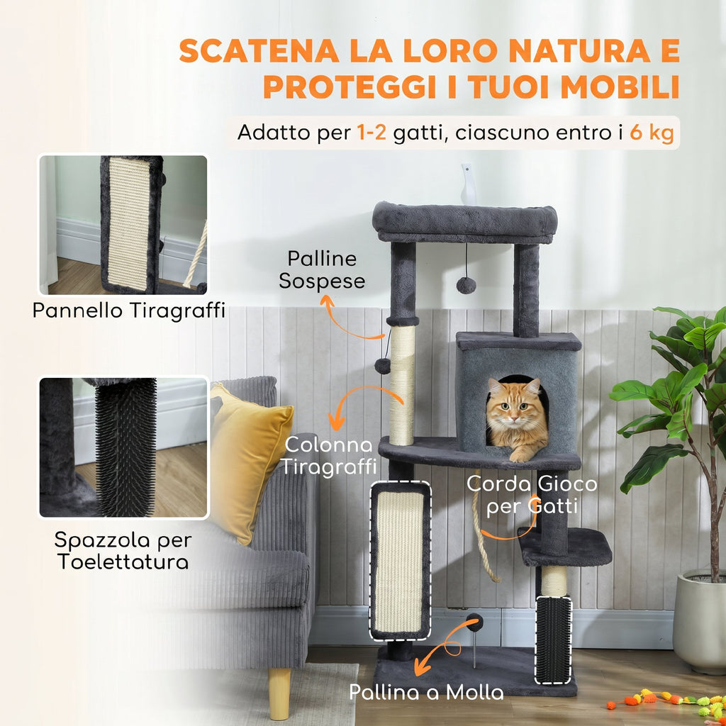 PawHut Multi-Level Cat Tree, 132 cm Tall, with House, Bed, Scratching Posts, Brush and Ball, Dark Grey