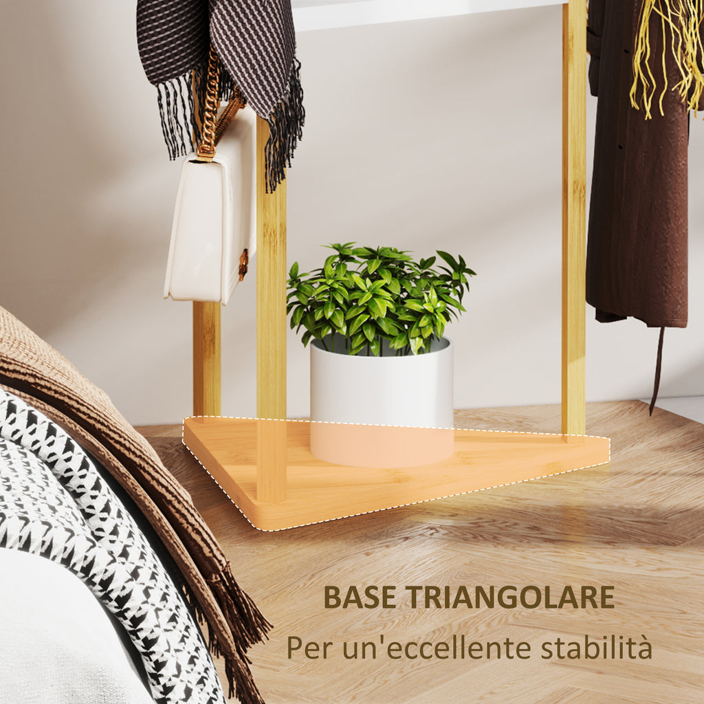 Tree Clothes Hanger in Bamboo with 8 Hooks and 3 Shelves, Natural Wood and White