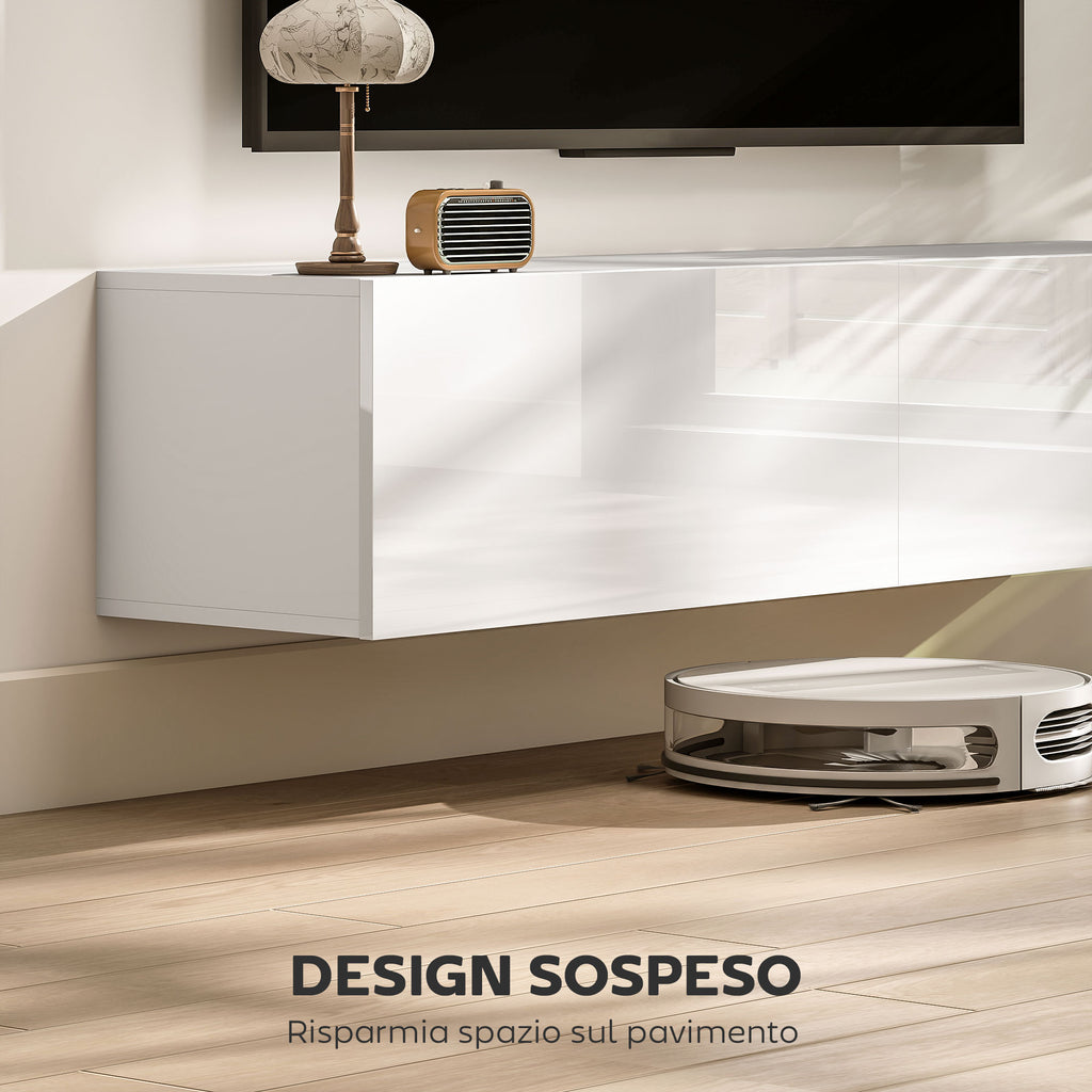 Wall Mounted TV Cabinet for 45"-55"-65" TVs with 2 Cabinets and Drop-Door, 140x33x29.8 cm, White