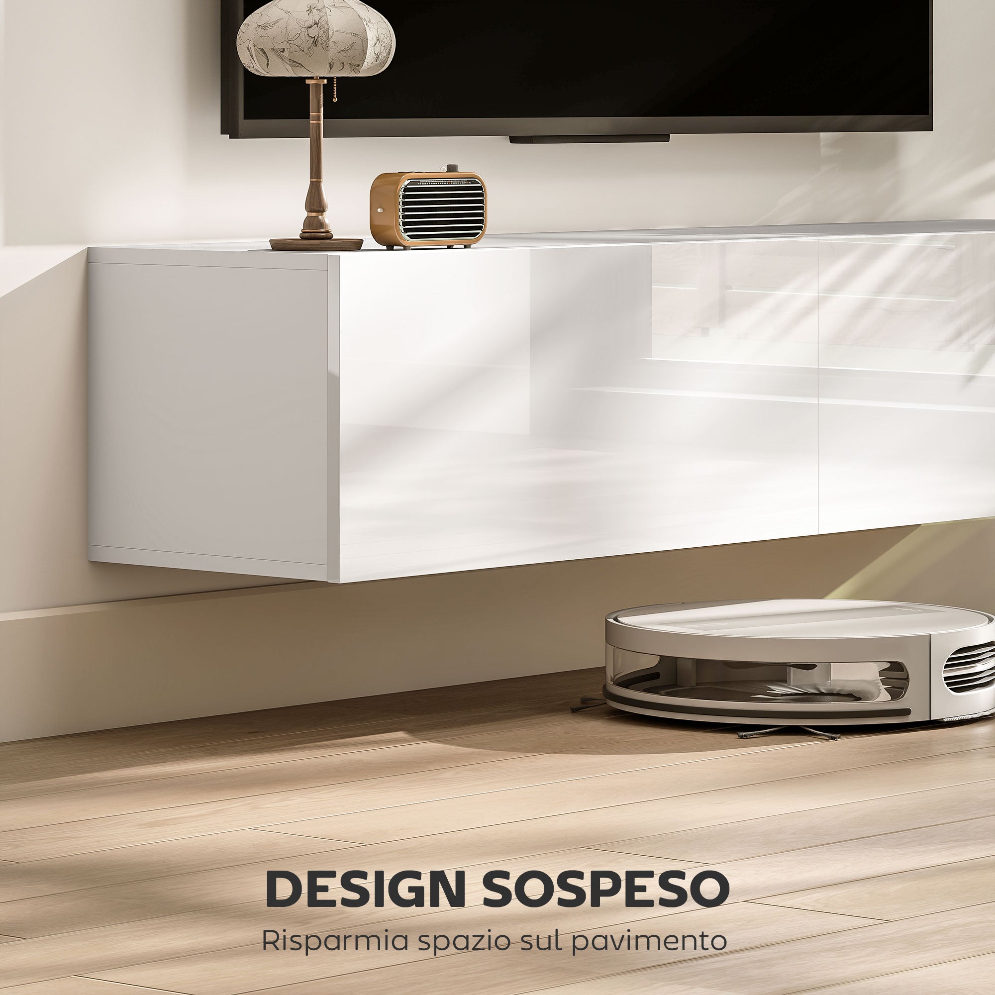 Wall Mounted TV Cabinet for 45"-55"-65" TVs with 2 Cabinets and Drop-Door, 140x33x29.8 cm, White