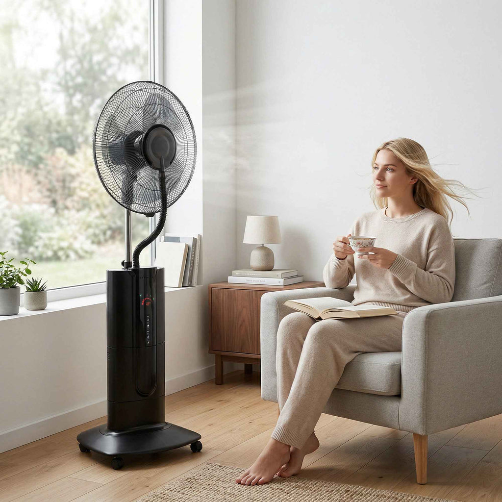 3-in-1 Oscillating Pedestal Fan with Water Mist, Remote Control, and 9-Hour Timer, 45 x 38 x 130 cm, Black
