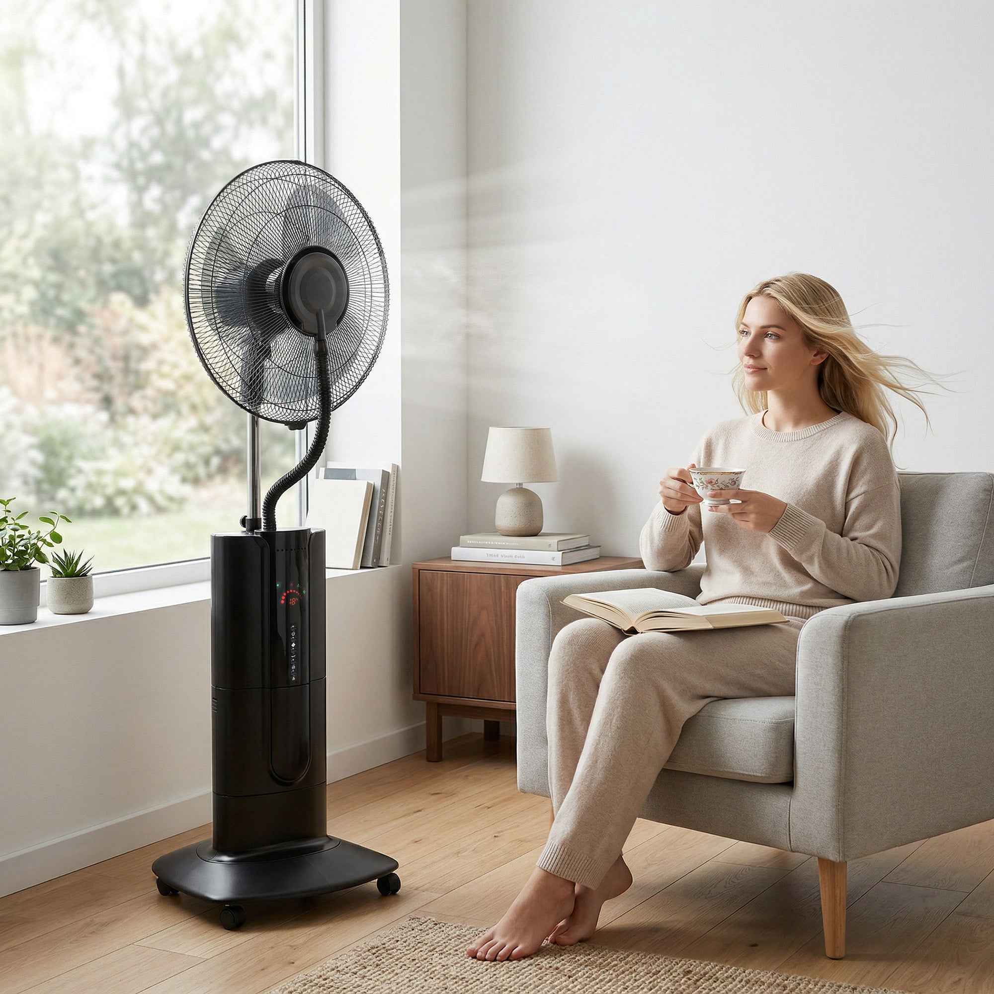 3-in-1 Oscillating Pedestal Fan with Water Mist, Remote Control, and 9-Hour Timer, 45 x 38 x 130 cm, Black