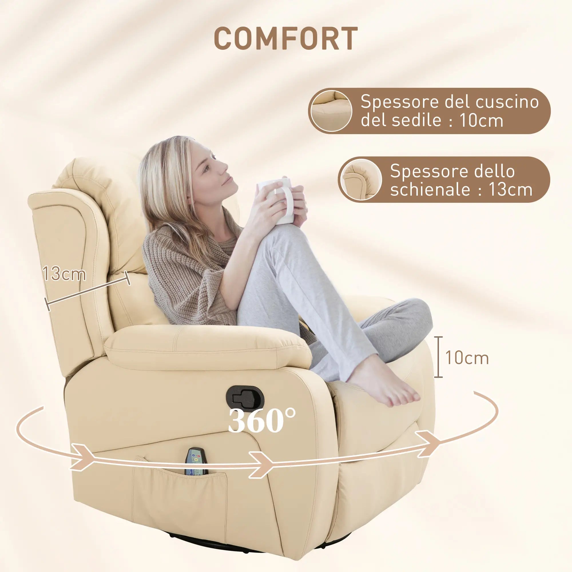 Beige Reclining Relax Chair with 8 Massage Points, Heating and Footrest, 97x92X104 cm