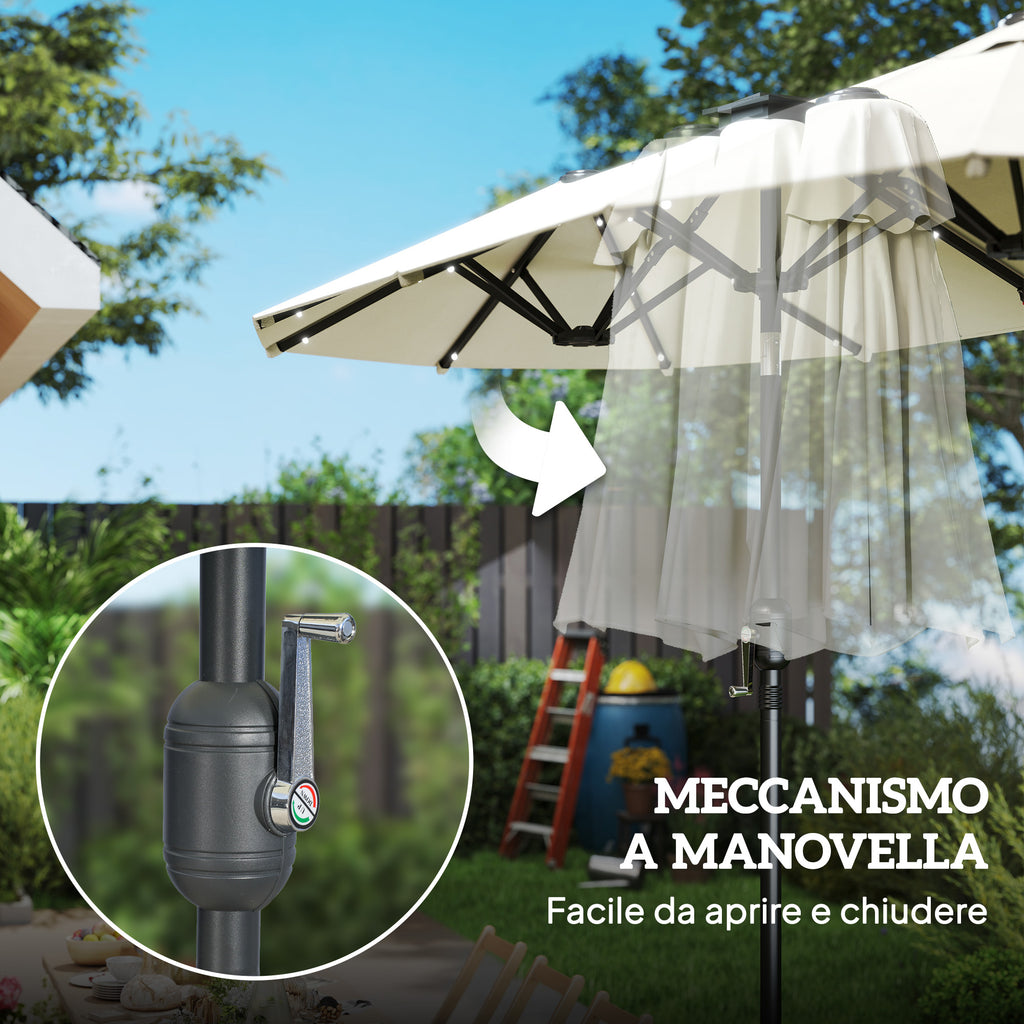 Outsunny Double Umbrella with LED Lights and Crank Handle, in Polyester and Steel, 2.92 x 1.5 x 2.2 m, Beige