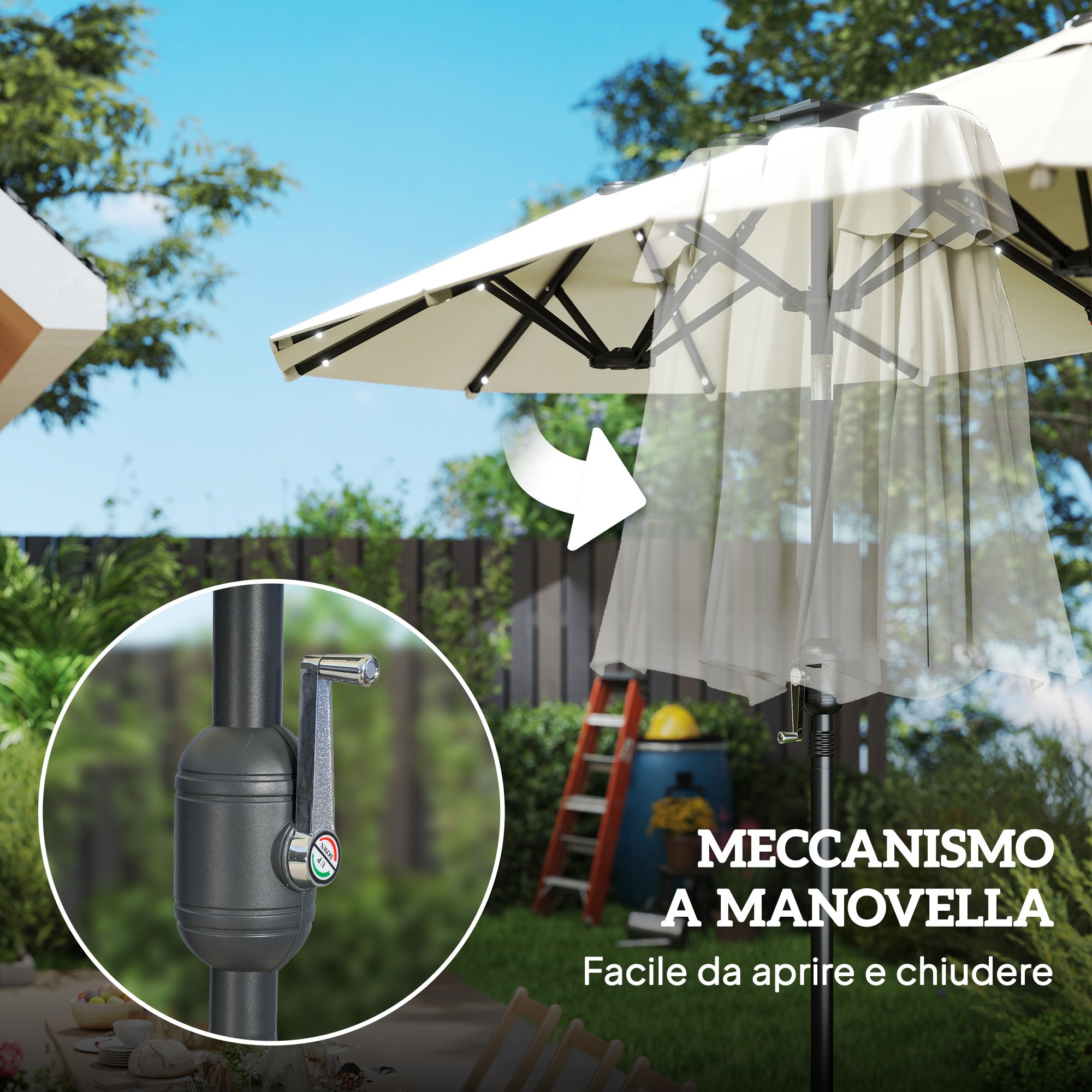 Outsunny Double Umbrella with LED Lights and Crank Handle, in Polyester and Steel, 2.92 x 1.5 x 2.2 m, Beige
