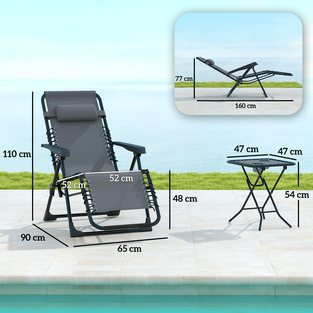 Set of 2 Folding Zero Gravity Deck Chairs with Adjustable Backrest and Table, Gray