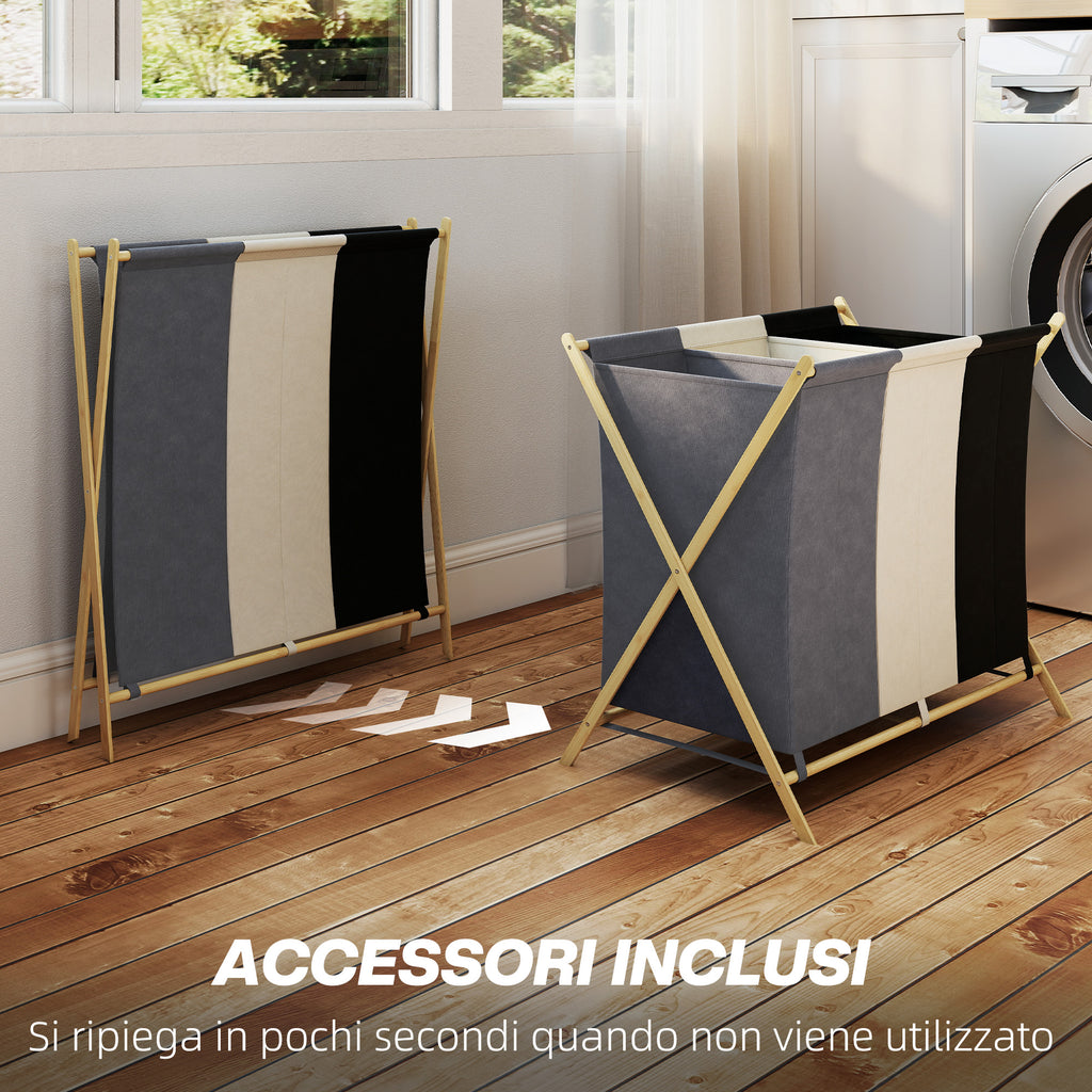Foldable Laundry Hamper with 3 Compartments, Bamboo and Linen Effect Fabric, 75x48x67 cm, Multicolor