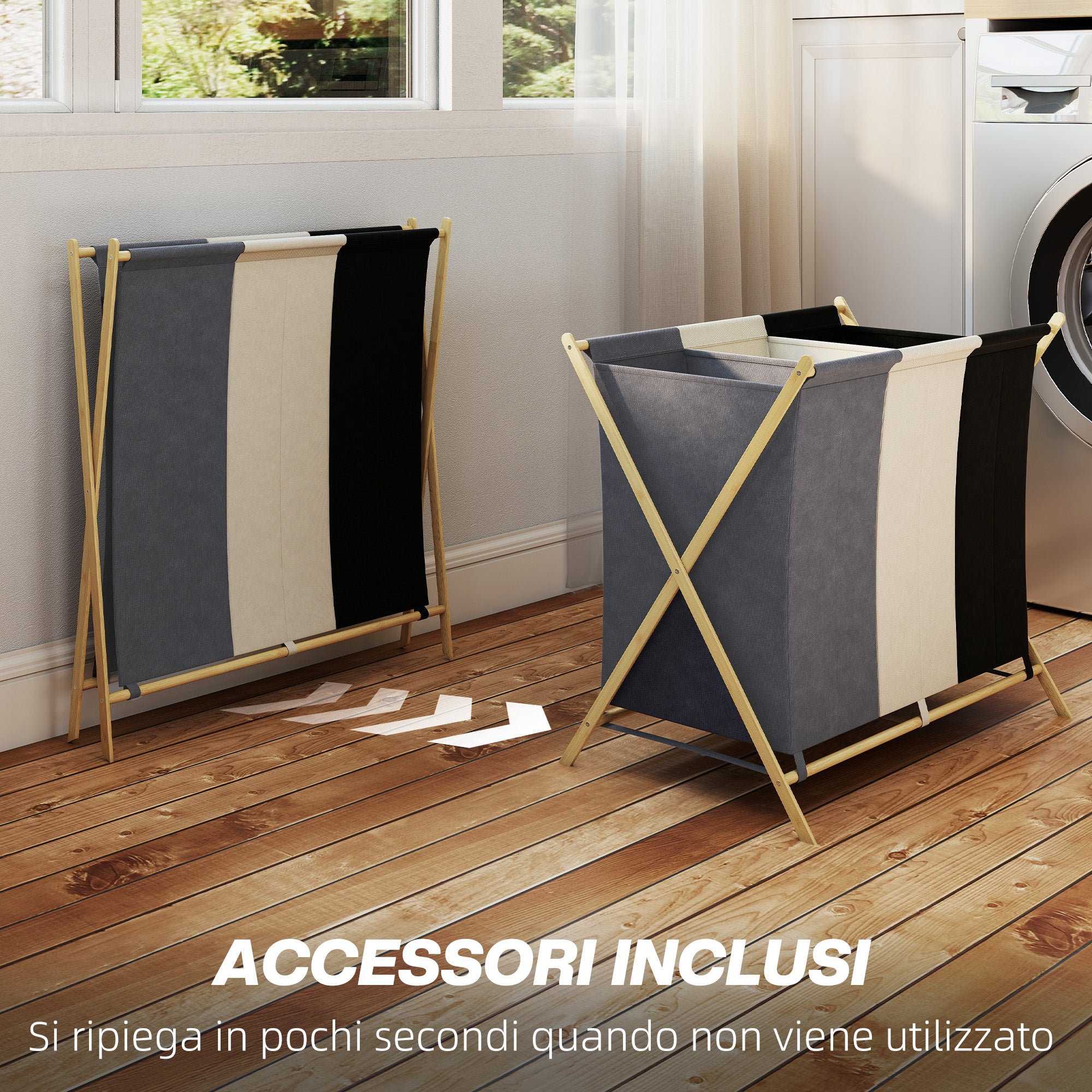 Foldable Laundry Hamper with 3 Compartments, Bamboo and Linen Effect Fabric, 75x48x67 cm, Multicolor