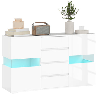 Modern Sideboard with LED Adjustable with Remote Control, 4 Drawers and 2 Cabinets, 120x34x70 cm, White