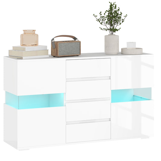 Modern Sideboard with LED Adjustable with Remote Control, 4 Drawers and 2 Cabinets, 120x34x70 cm, White