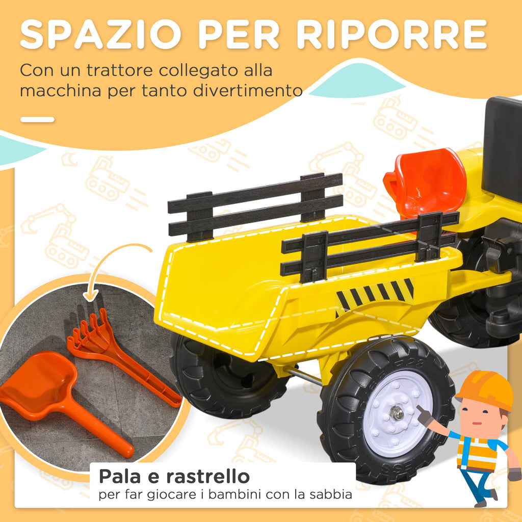 Pedal Tractor for Children from 3+ Years with Trailer, Rake, Shovel and Horn, Yellow