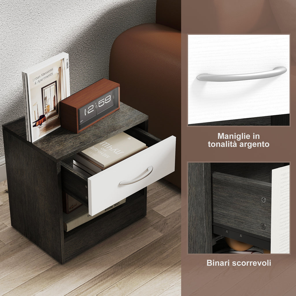 Set of 2 Modern Bedside Tables with Open Shelf and Drawer, Wooden, 39x28x41 cm, White and Dark Grey