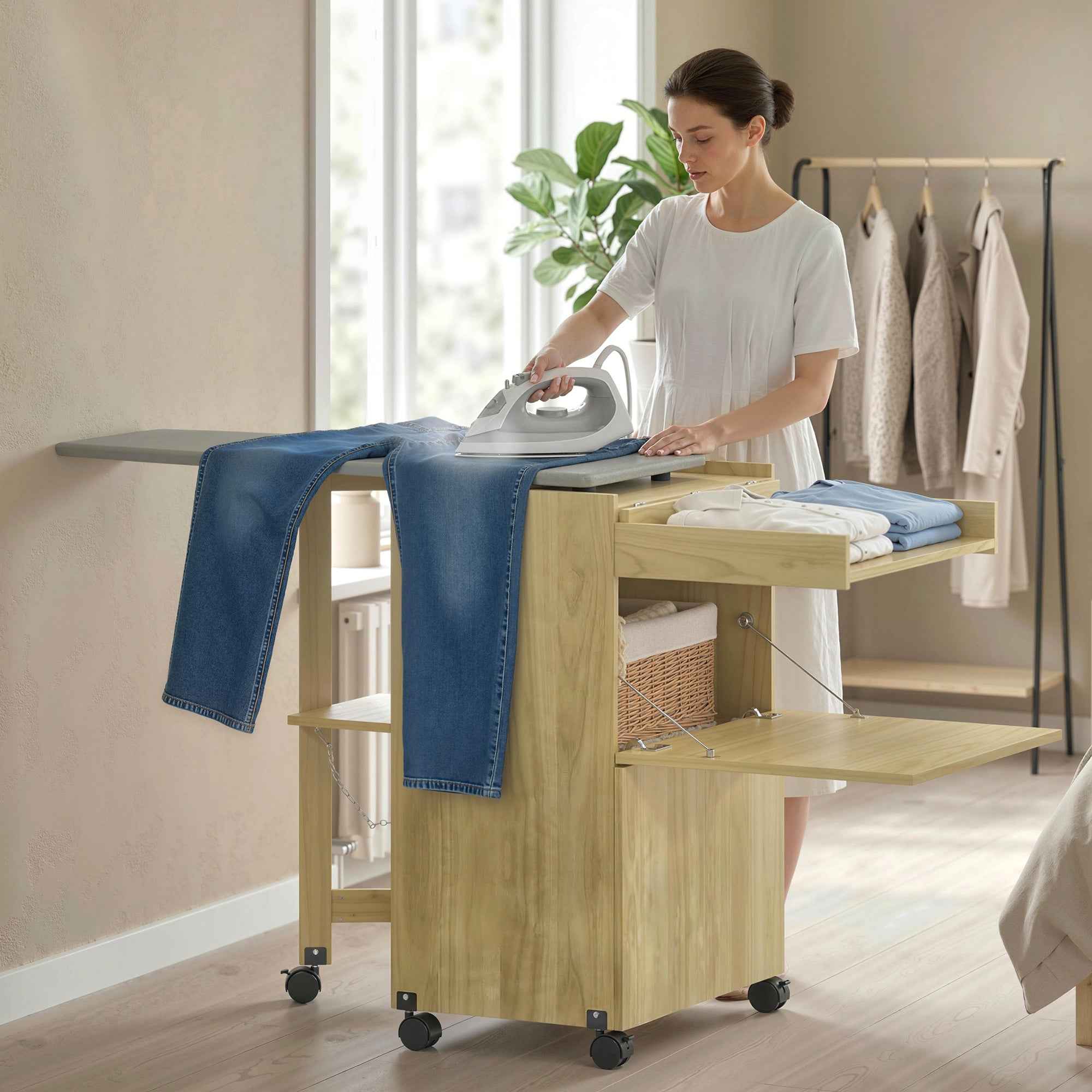 HOMCOM Folding Ironing Board with Iron and Garment Holder with Open Compartment, 154x55x87 cm, Natural Wood