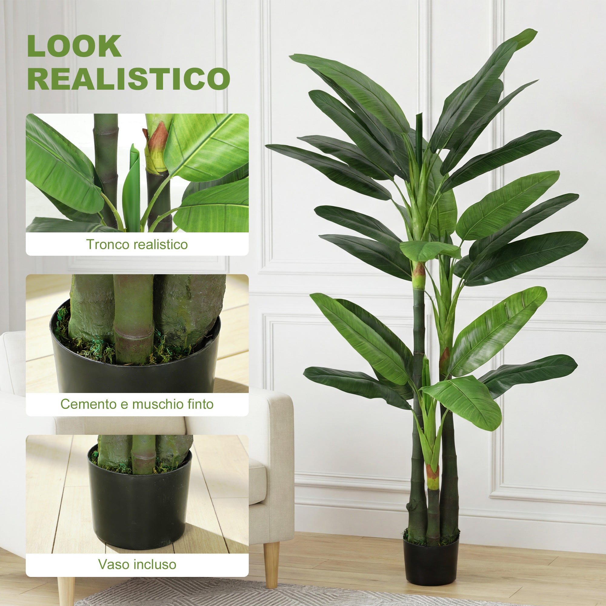 HOMCOM Artificial Banana Tree, Fake Plant with 18 Leaves, 180 cm, Green