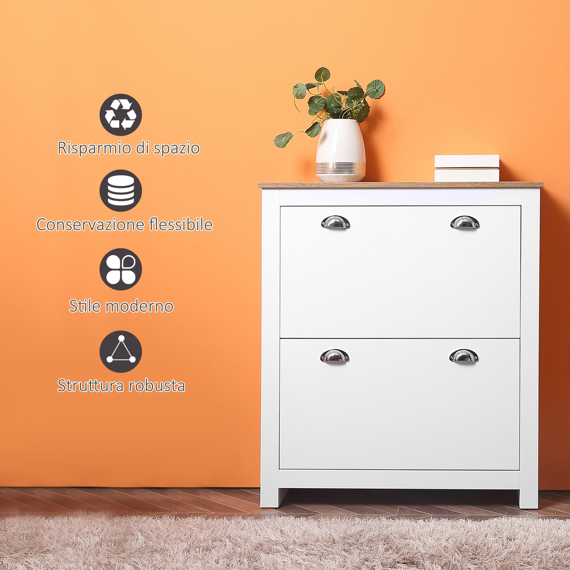Slim Shoe Rack 2 Flap Drawers and Adjustable Shelf for 12 Pairs of Shoes, 79x23x90.5 cm, White