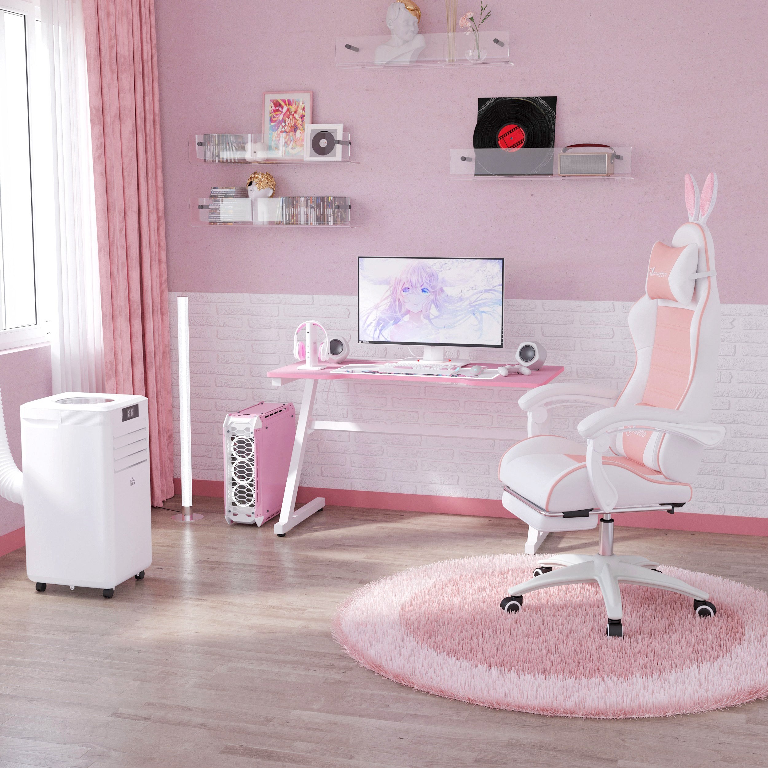 Ergonomic Gaming Chair with Ears, Removable Footrest, Lumbar Cushion and Headrest, Pink