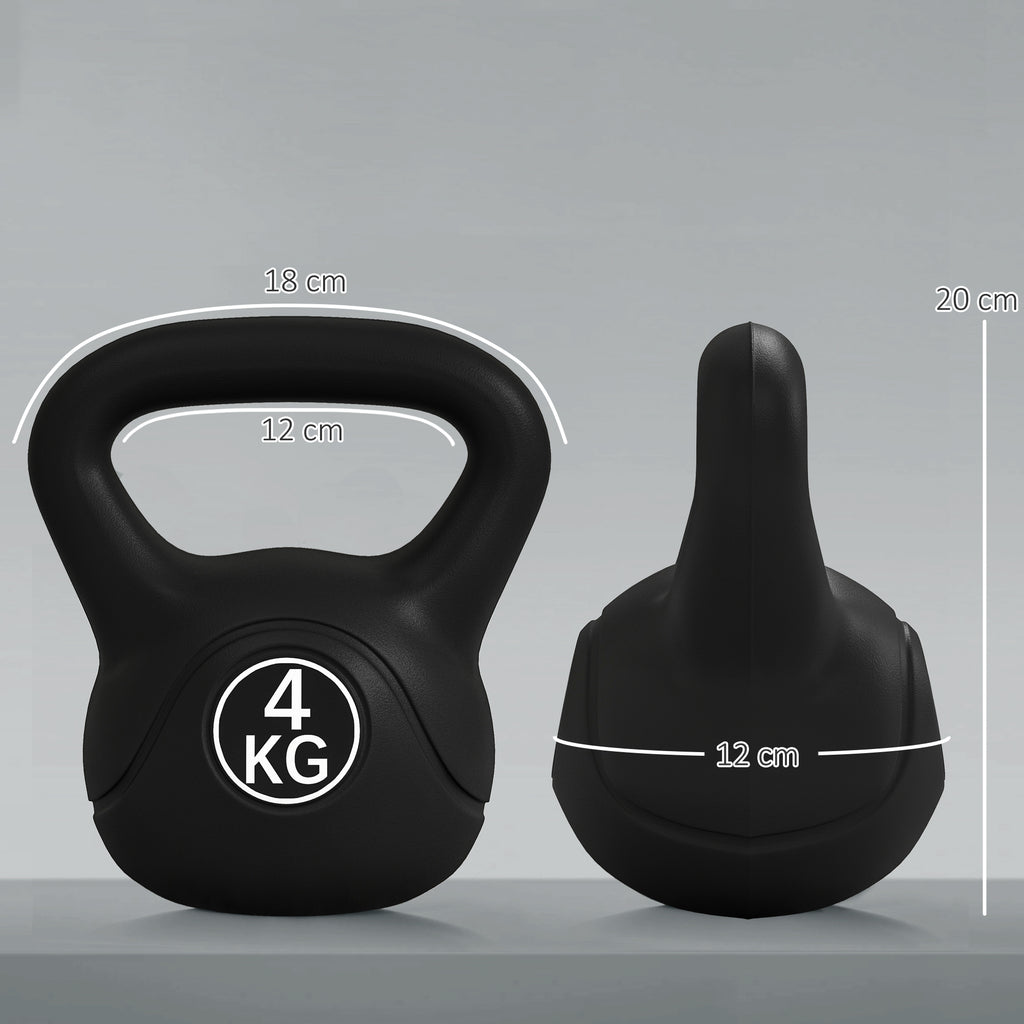 Kettlebell 4kg in Plastic and Sand with Flat Base and Handle, 18x12x20 cm, Black