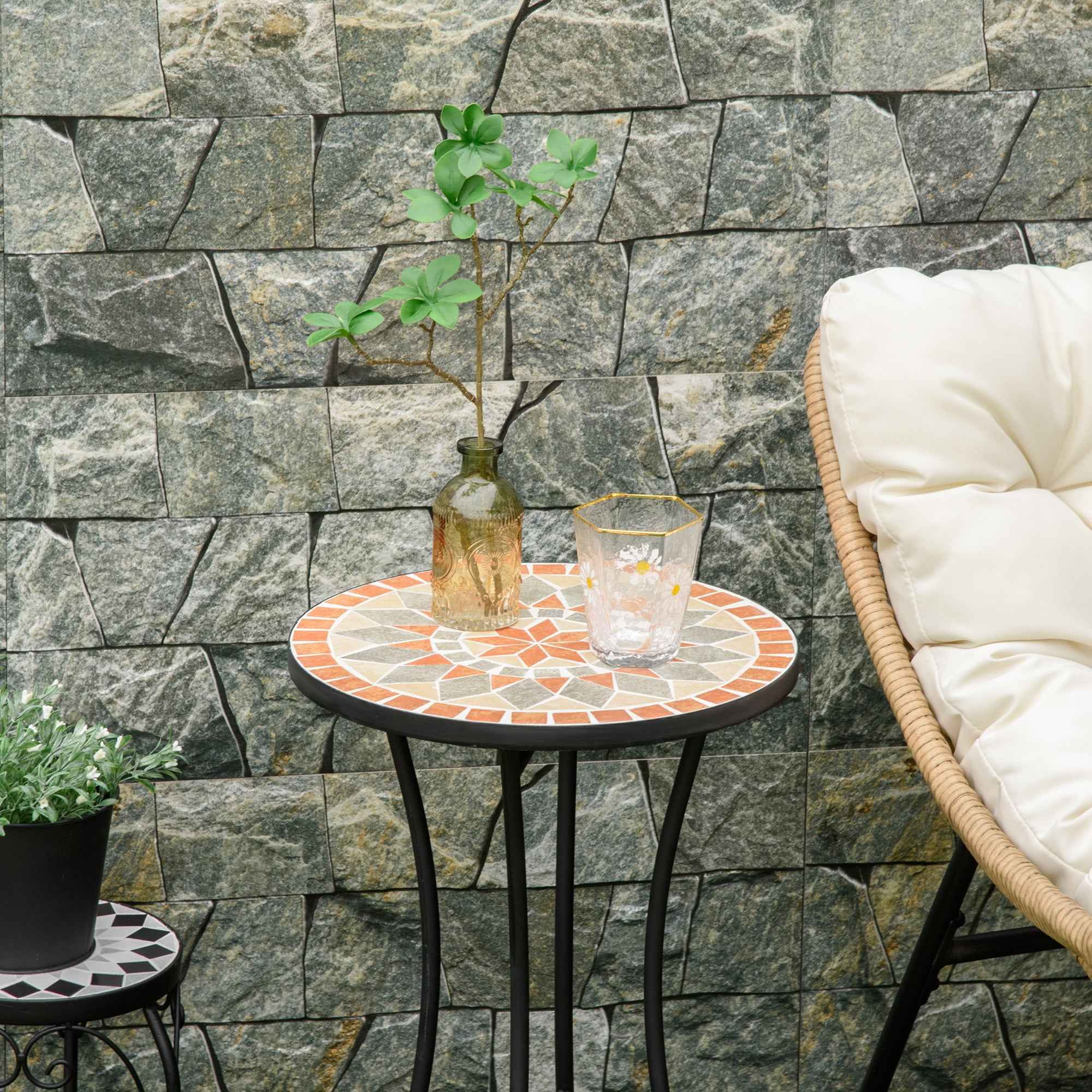 Outsunny Round Outdoor Coffee Table with Mosaic Ceramic Top, Metal, Ø35.5x53.5 cm, Multicolored